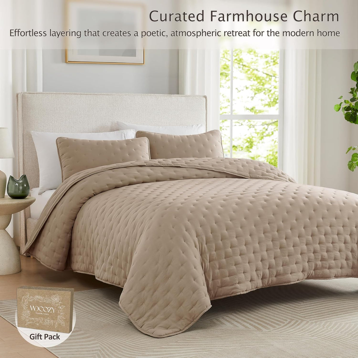 WDCOZY Beige Cloud Queen Size Quilt Set, Tan Lightweight Farmhouse Bedspread, Rustic Country Coverlet, Taupe Camel Soft Bedding, Thin Comforter for All Season - 3 Pieces, 90x90 inches
