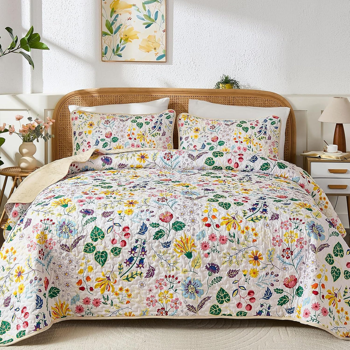 Yiran Beige Floral Quilt King Size, Sunflower Bedspreads Bedding Set