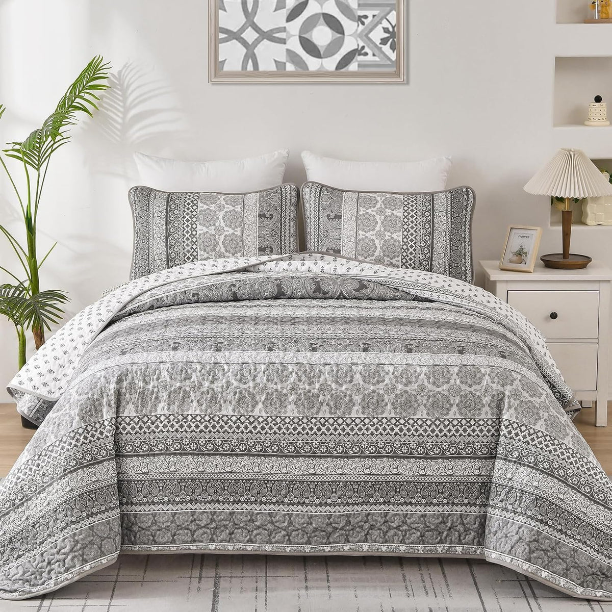 WONGS BEDDING Boho King Quilt Set，3 Pcs Light Blue Summer Bedspread