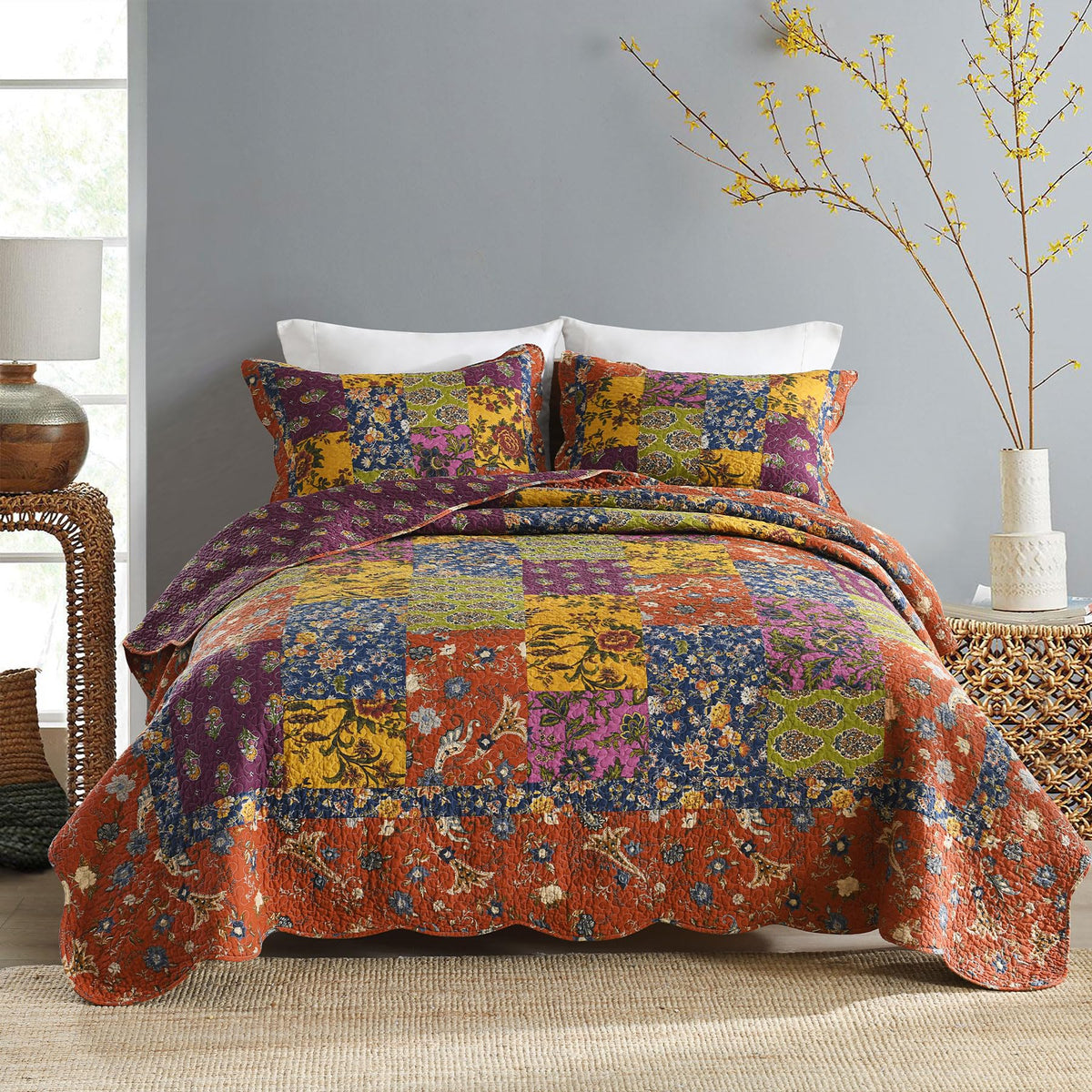 Secgo California King Quilt Size - 100% Cotton Oversized California Comforter Set Green Bedding Sets (120 * 110 Inch) with 2 Pillow Shams, Patchwork Reversible Lightweight Bedspread