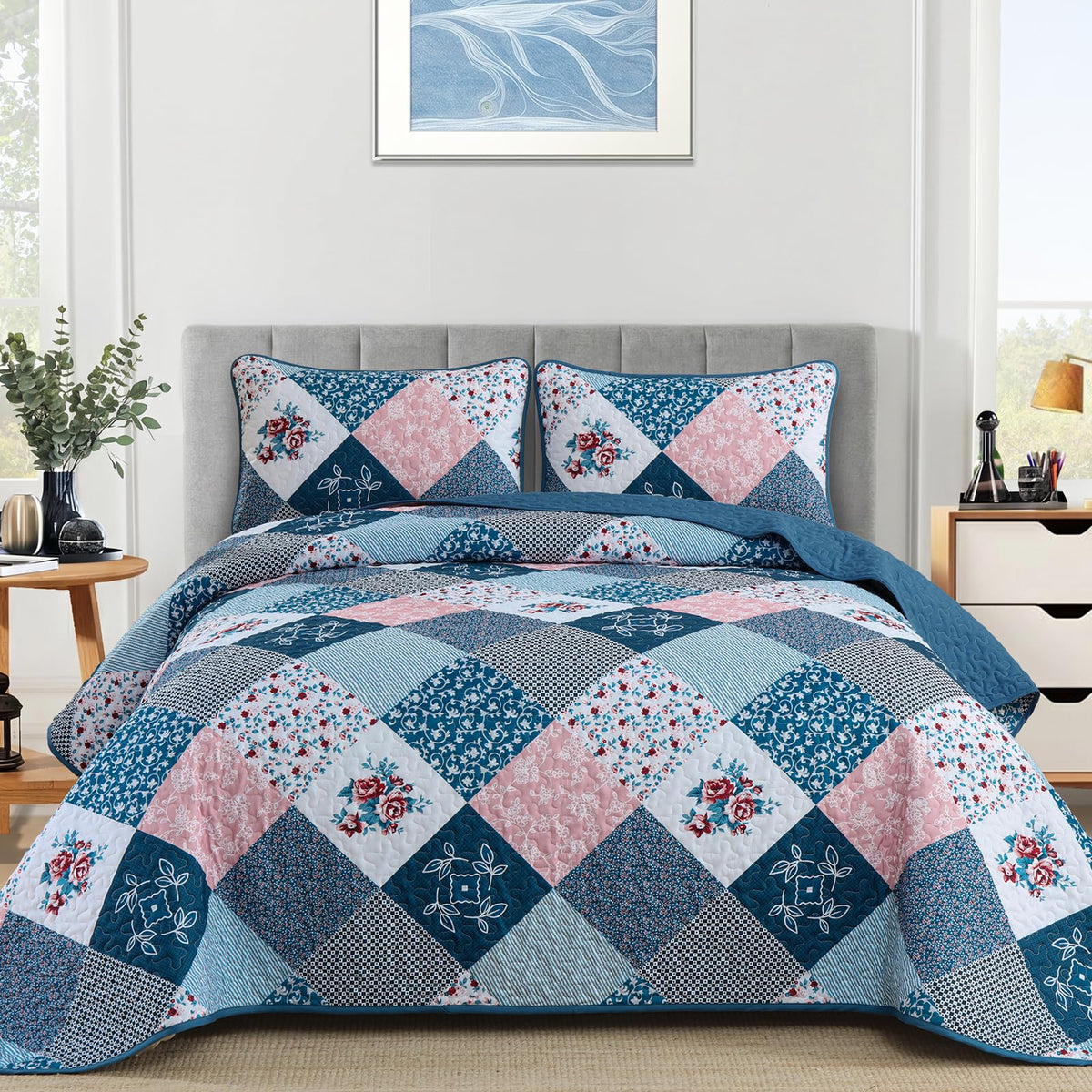 Dinjoy Boho Quilt Set Full Size, Patchwork Floral Bedspreads, Purple