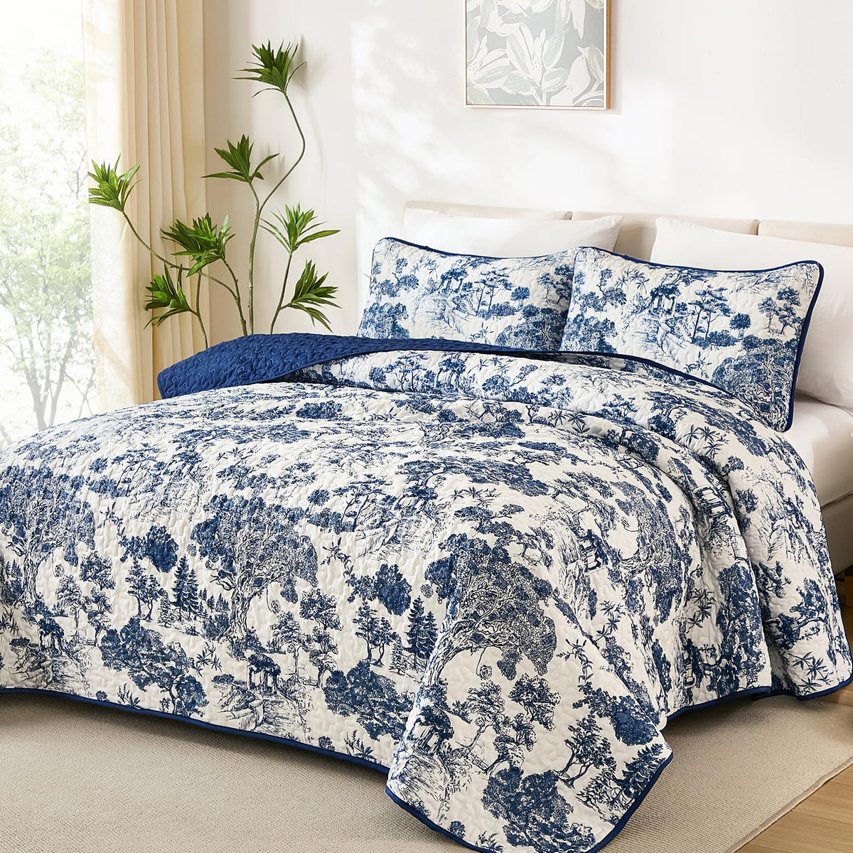 WONGS BEDDING Sage Green Quilt Set King Size, Botanical Floral Bedspread