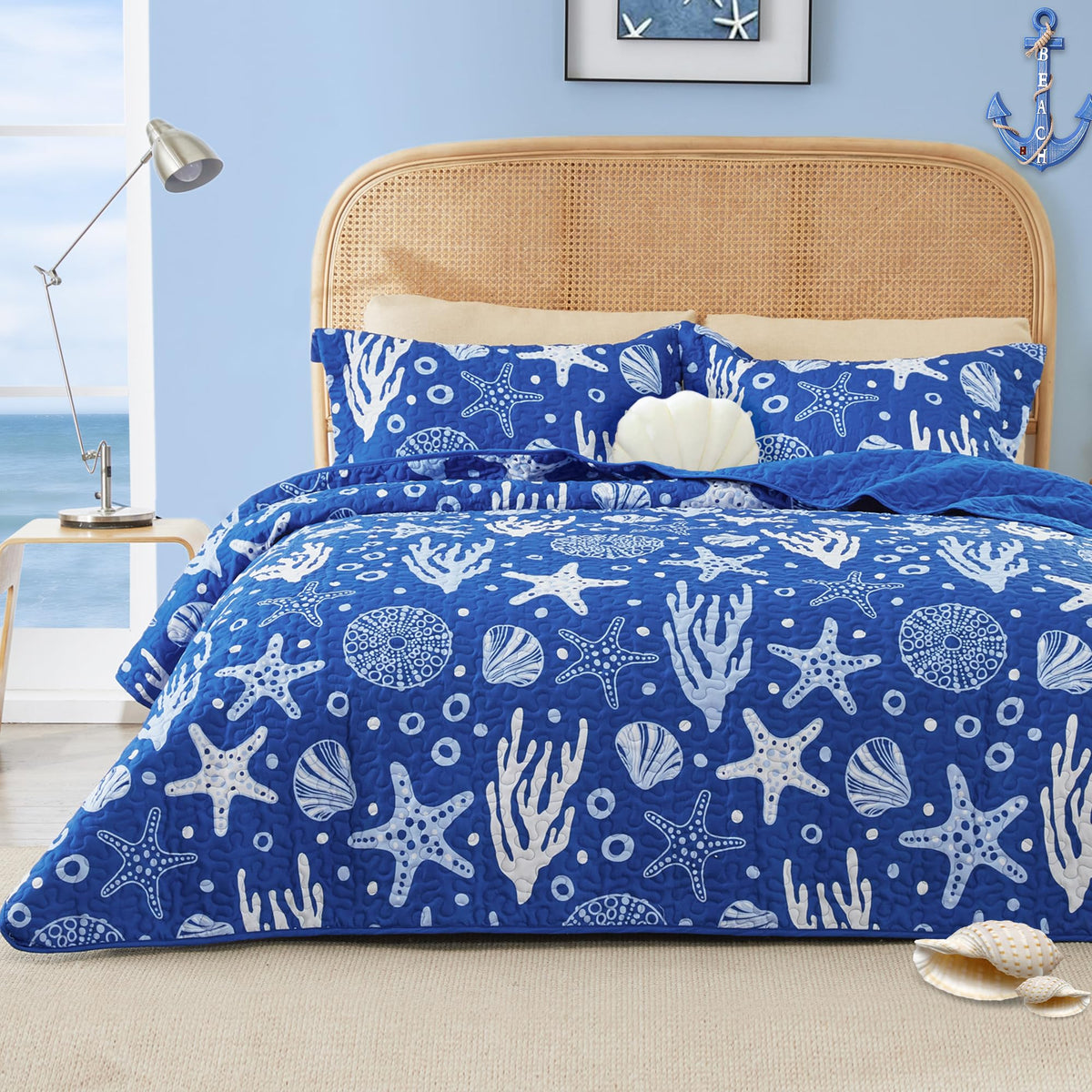 Love's cabin Quilts for Queen Coastal White Bedspreads Bedding Set - Summer Beach Nautical Quilt Lightweight Bedspread - Reversible Bedding Coverlet for All Season - 3 Piece