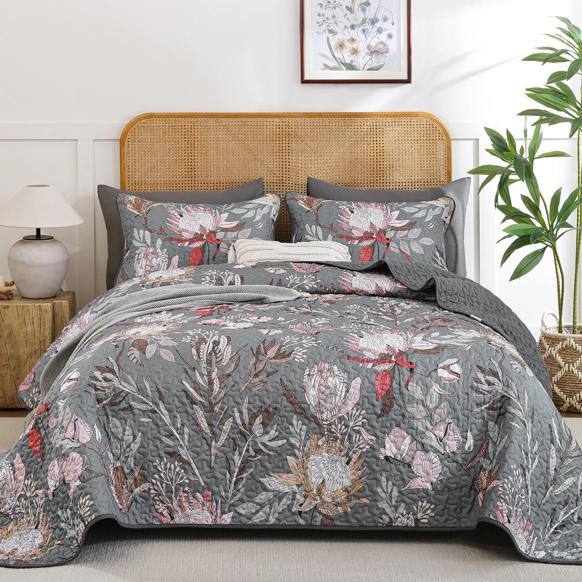 Dintszyayue Quilt King Size Green, 3 Pcs Boho Floral Bedspread Bedding Set