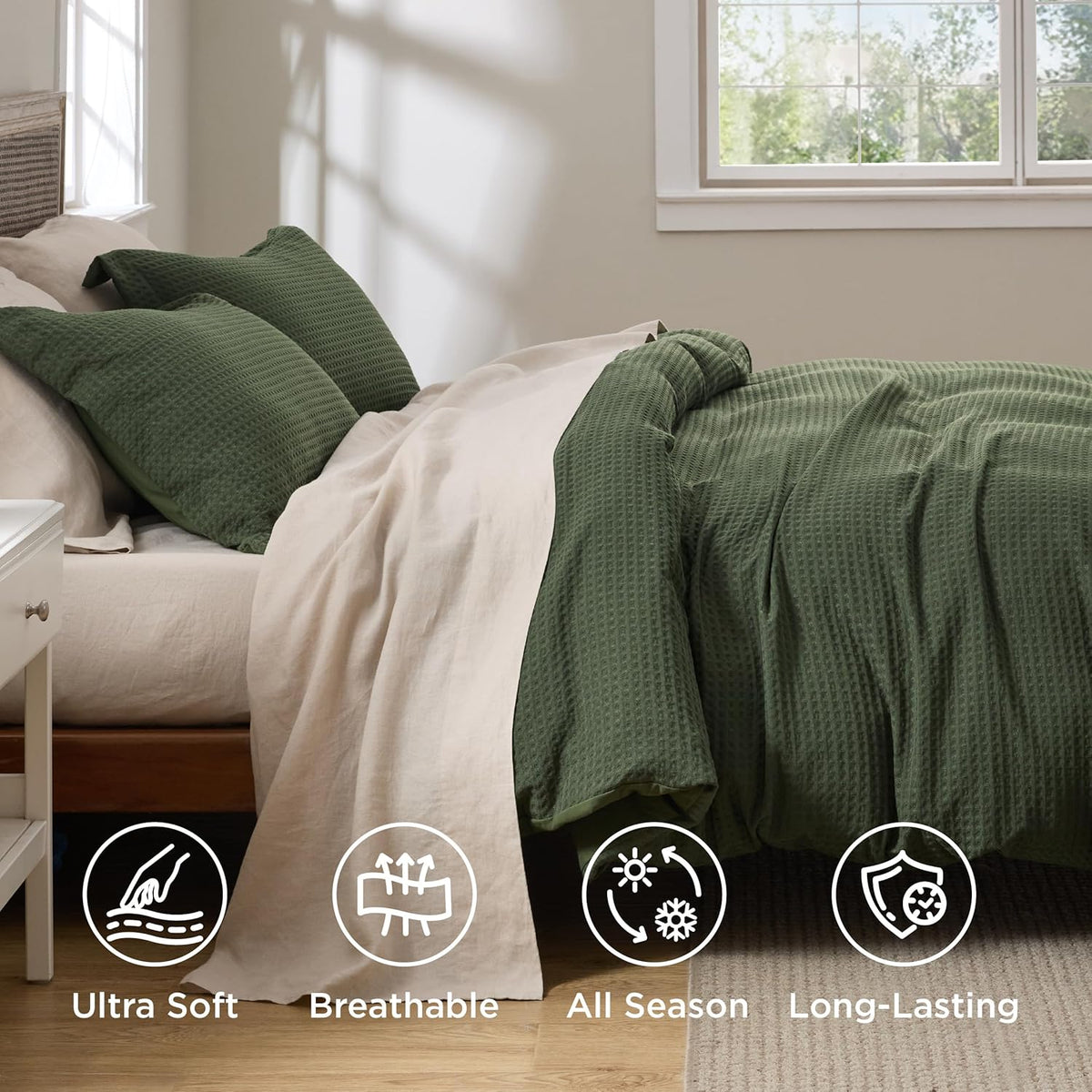 Bedsure Textured Duvet Cover King Size, Soft & Breathable Comforter Cover for All Season, 3 Pieces Wrinkle-Resistant Zipper Bedding with 8 Corner Ties, Olive Green