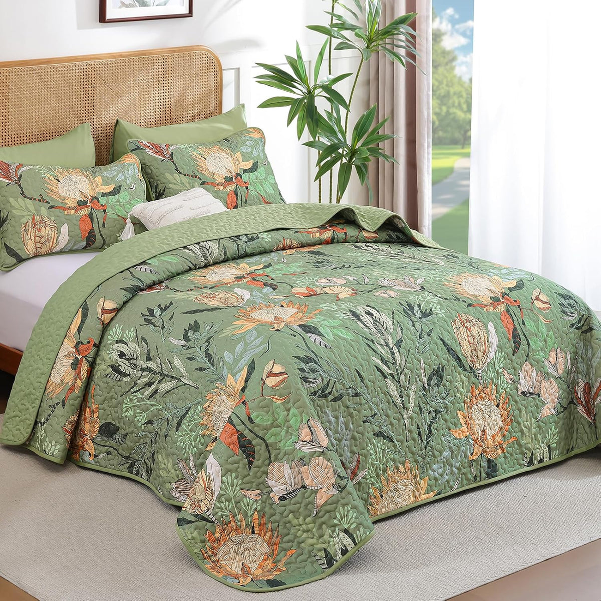 Dintszyayue Quilt King Size Green, 3 Pcs Boho Floral Bedspread Bedding Set