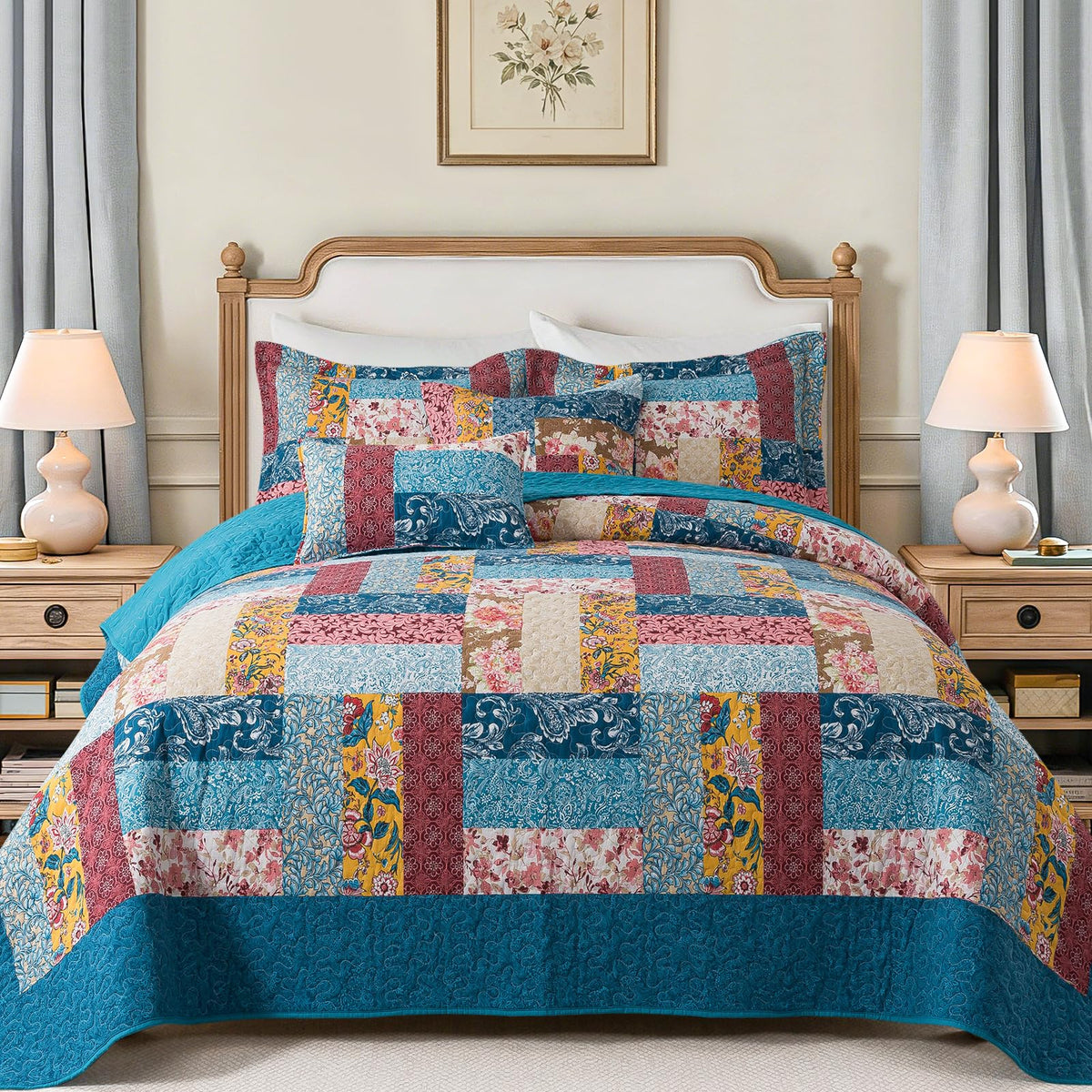 VAPUTAR 100% Cotton Face Quilt King Size Bedding Set - Boho King Quilts