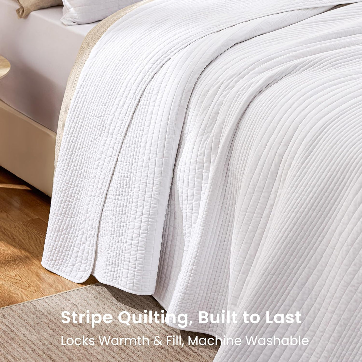Love's cabin Queen Size Cotton Quilt Set, 100% Cotton Fabric Striped Textured Coverlet with Crinkled Look, Lightweight Quilted Bedspread for All Season, Includes 2 Pillow Shams, White