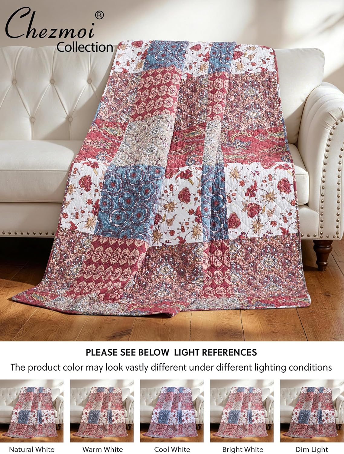 Chezmoi Collection Rowan 1-Piece Printed Patchwork Throw, Quilted Blanket with Vintage Floral Paisley Patterns, Lightweight Reversible Washed Cotton Throw Blanket