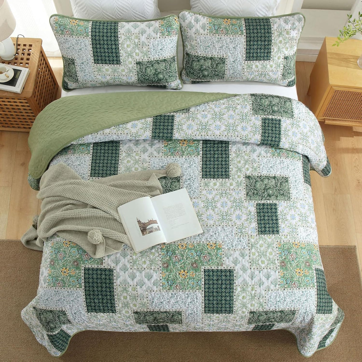 Xruibed Patchwork Quilt Set King Size, 3 Pcs Green Plaid Bedspread Set