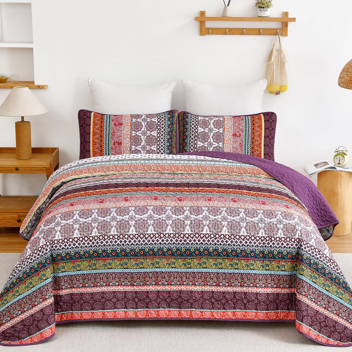 WONGS BEDDING Boho King Quilt Set，3 Pcs Light Blue Summer Bedspread
