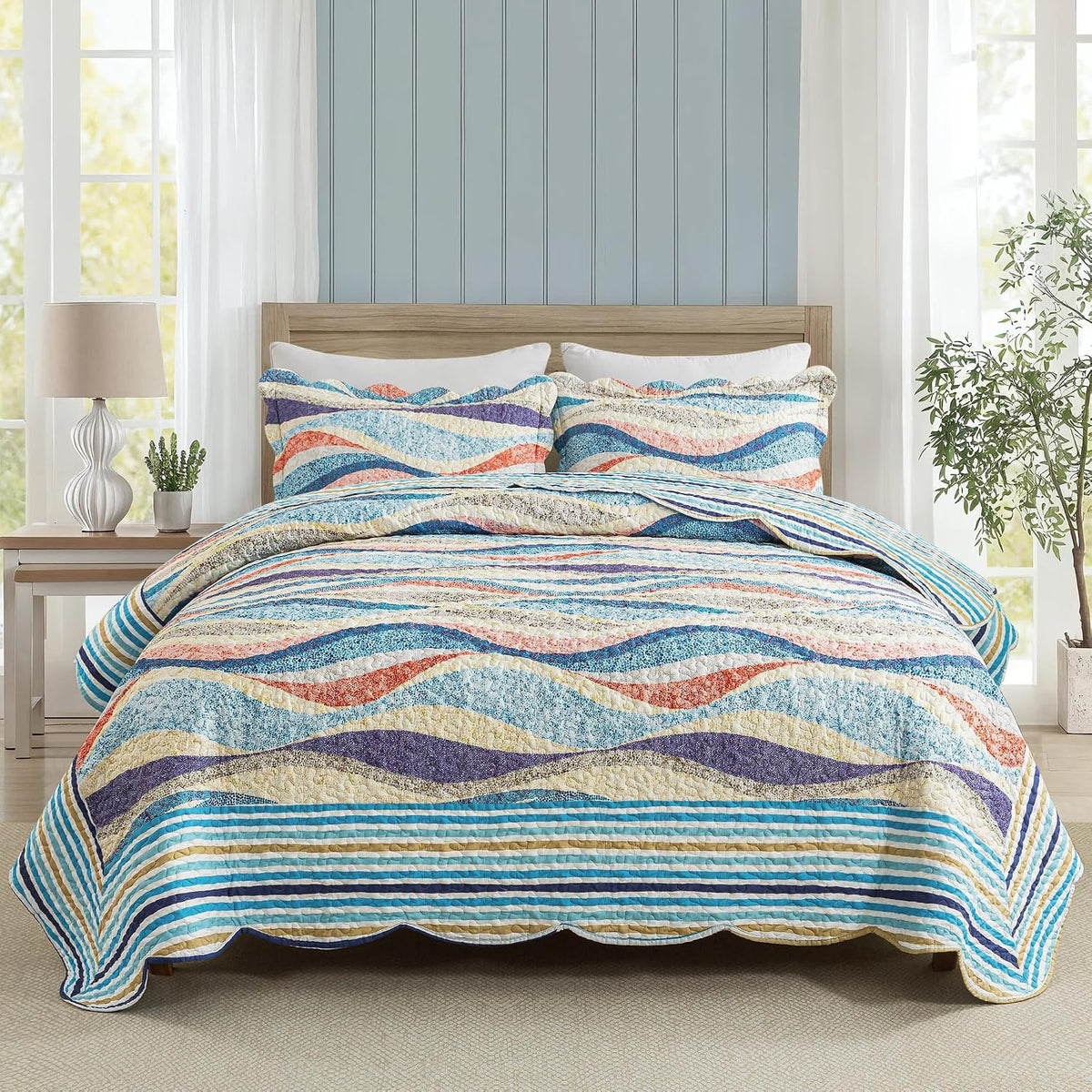HoneiLife Oversized King Bedspreads 120x120 - Beach Quilt 3 Pieces, Coastal Quilt Sets, California King Quilt, Nautical Bedspreads Ocean Coverlets, Lightweight Bed Cover, Summer Quilts