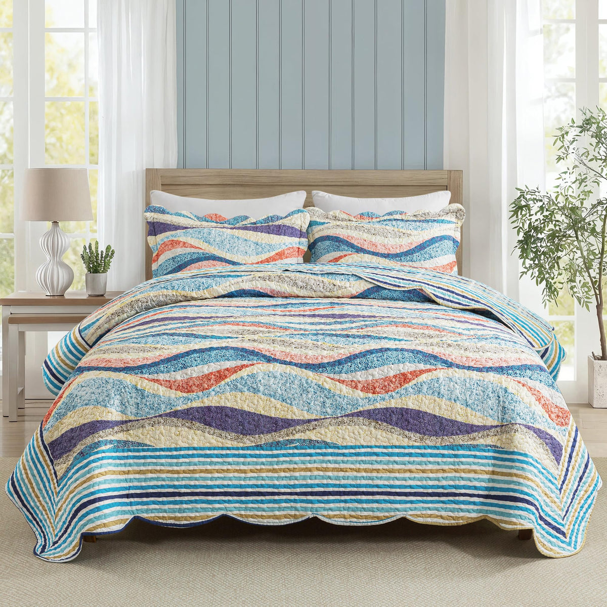 HoneiLife Oversized King Bedspreads 120x120 - Beach Quilt 3 Pieces, Coastal Quilt Sets, California King Quilt, Nautical Bedspreads Ocean Coverlets, Lightweight Bed Cover, Summer Quilts