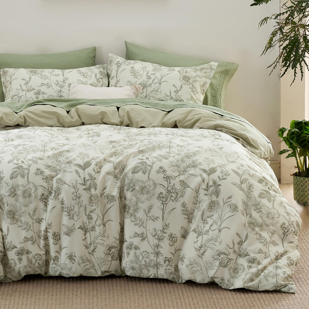 Bedsure PureWoven 100% Cotton Floral Duvet Cover Set, Queen, Green