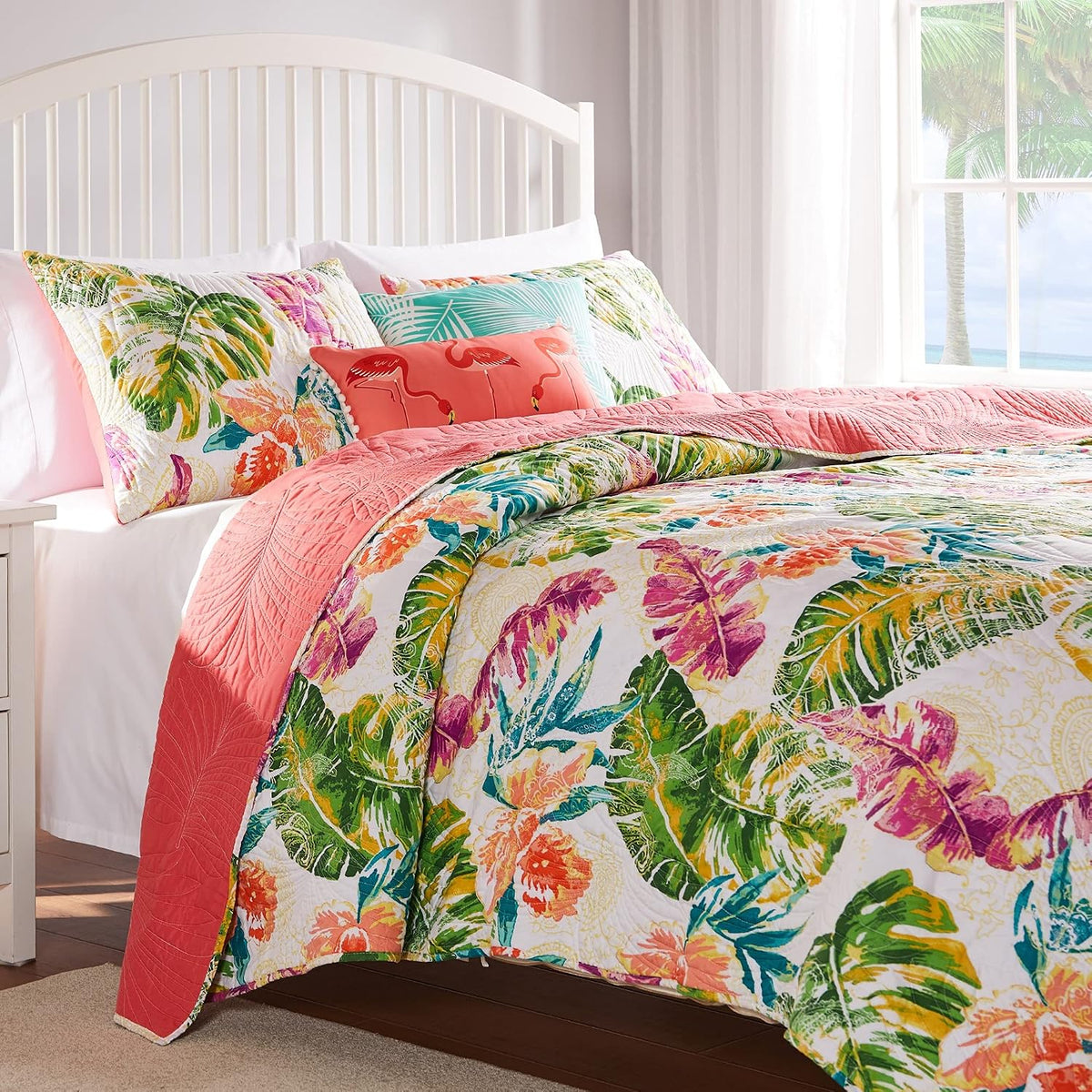 Greenland Home Tropics Palm Leaves Coastal Cotton Blend Quilt Set, 2-Piece Twin/XL, Coral