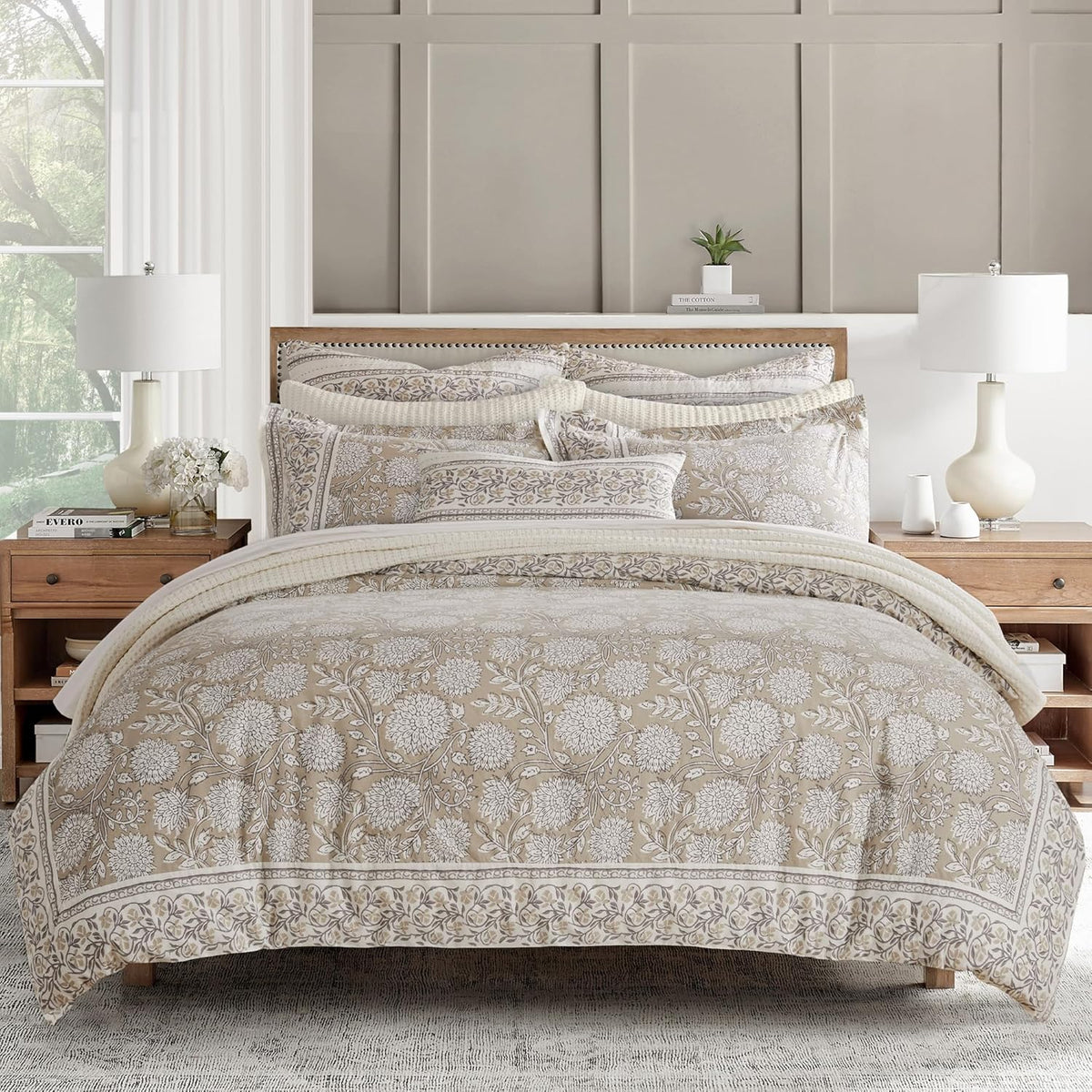 Levtex Home Adare Taupe Reversible King Duvet Cover Set (106x94in) with 2 Pillowcases (36x20in) - Floral Bedding - Taupe and White - Cotton King Size Duvet Cover Set - Soft, Pre-Washed