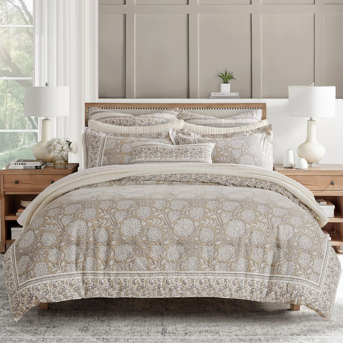 Levtex Home Adare Taupe Reversible King Duvet Cover Set (106x94in) with 2 Pillowcases (36x20in) - Floral Bedding - Taupe and White - Cotton King Size Duvet Cover Set - Soft, Pre-Washed
