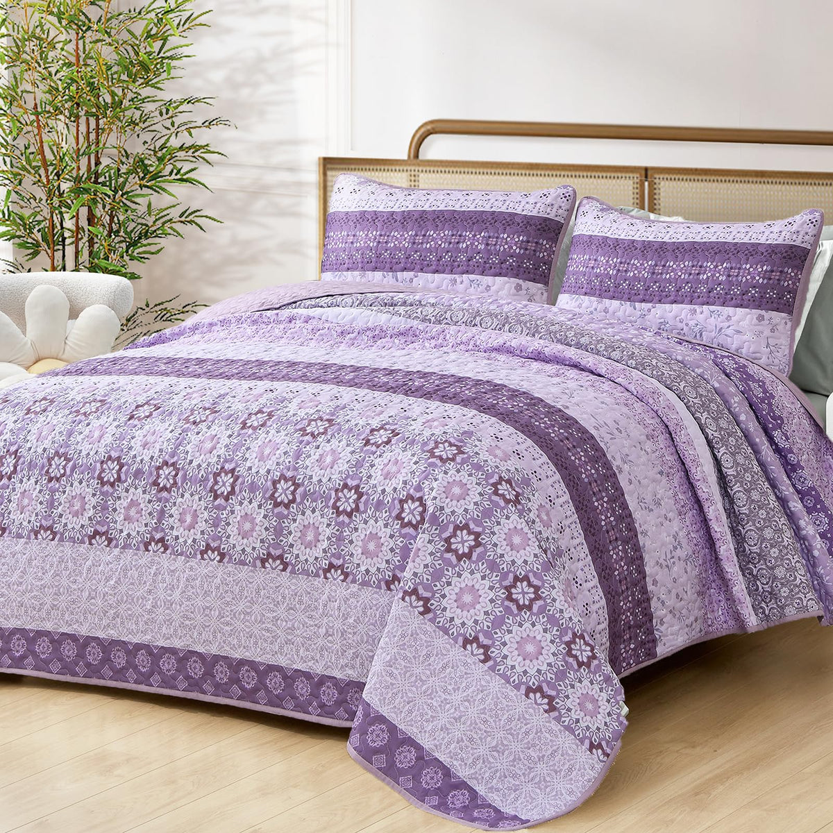 WONGS BEDDING Boho Quilt Set Queen，3 Pcs Yellow Floral Striped Bedspread