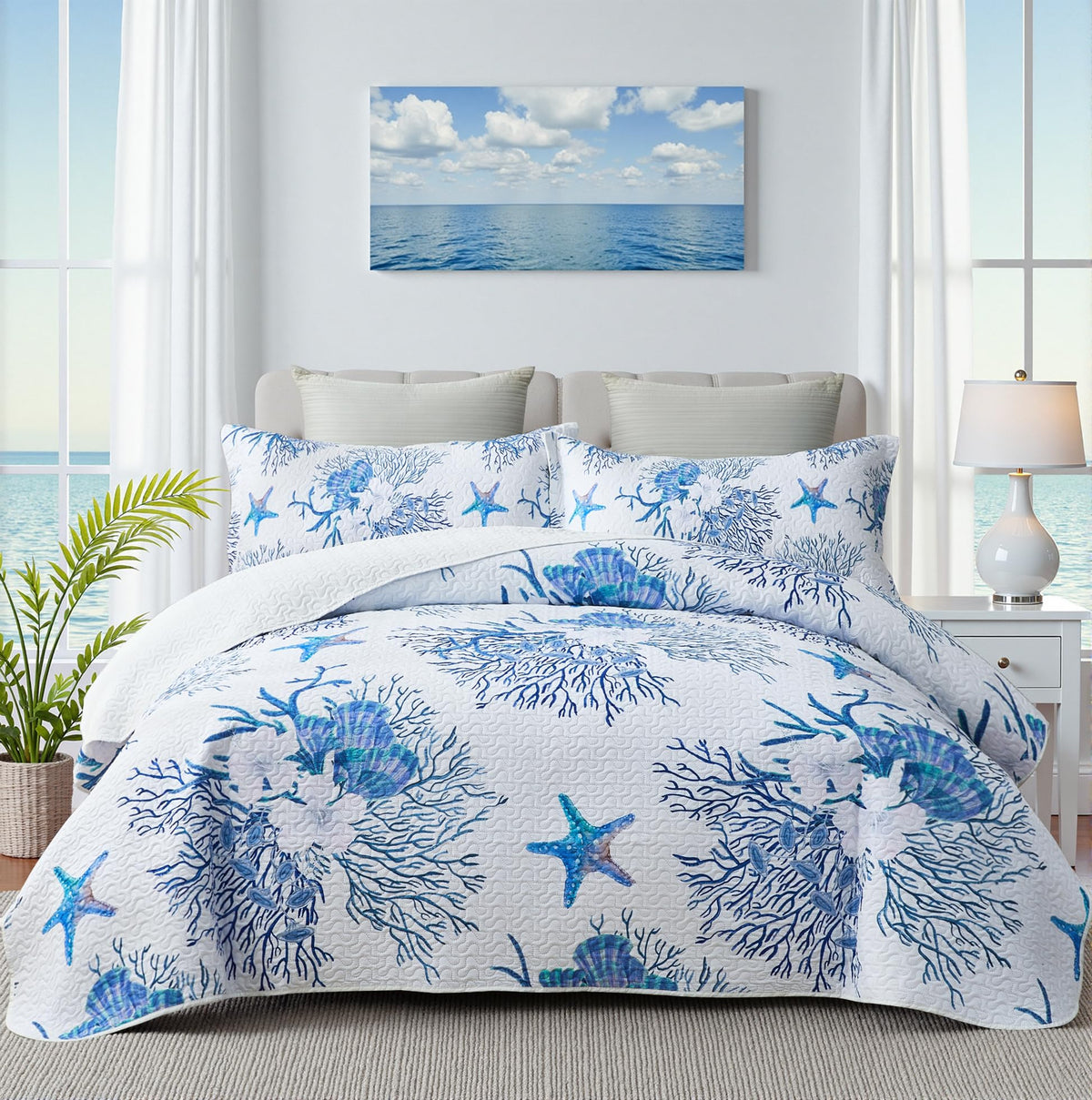 Nautical Queen Quilt Set, Coastal Seahorse Bedding, 3 Piece, 90"x96"