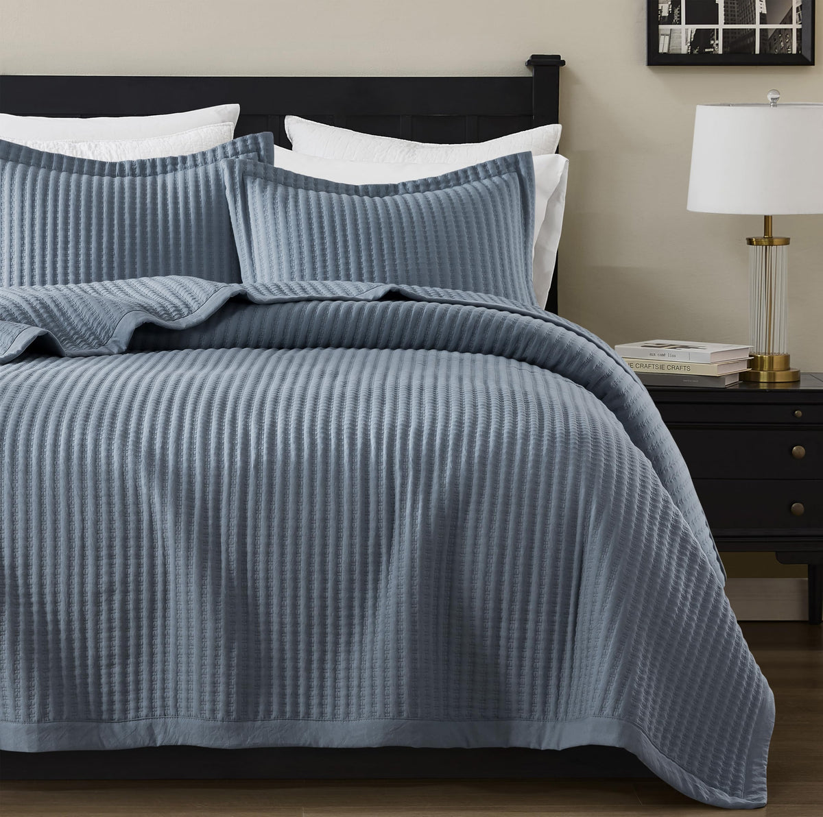 WDCOZY Beige Queen Size Quilt Set, Striped Pick Stitch Bedspread