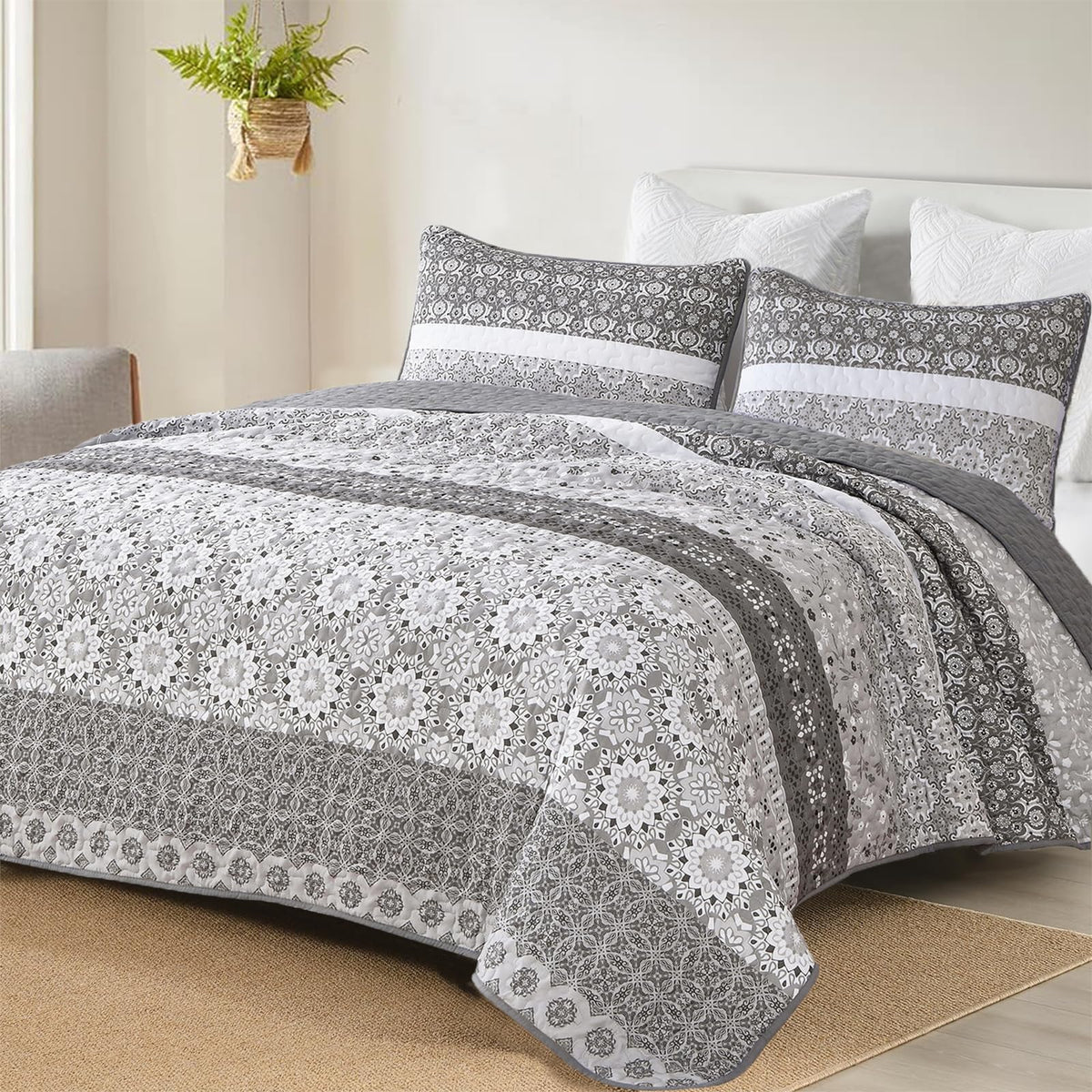WONGS BEDDING Boho Quilt Set Queen，3 Pcs Yellow Floral Striped Bedspread