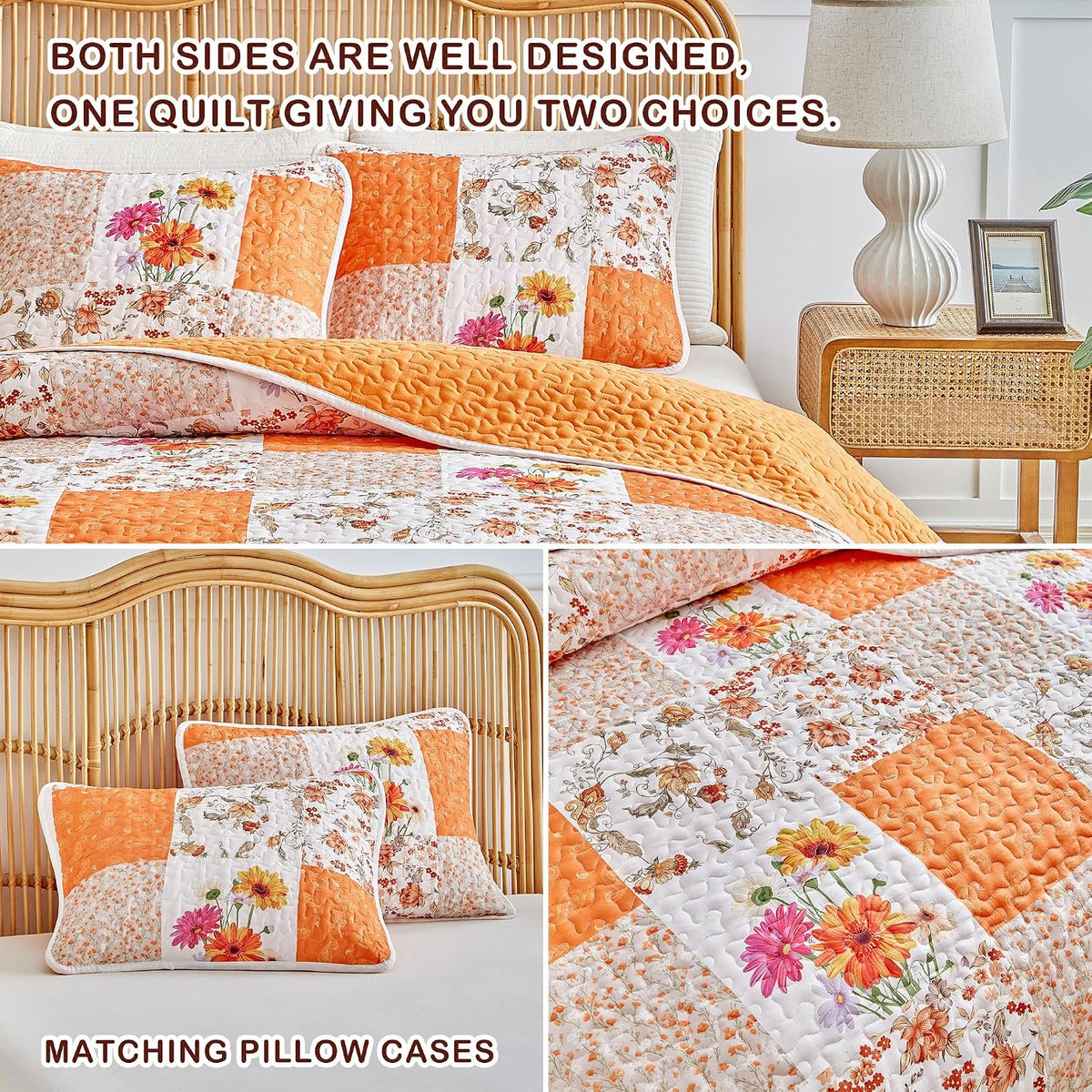 Joyreap 3 Pieces Floral Patchwork Quilt Set Queen, Orange n White Flowers Design, Smooth Soft Microfiber Quilt, Bedspread Bed Cover for All Season- 102x90 inches