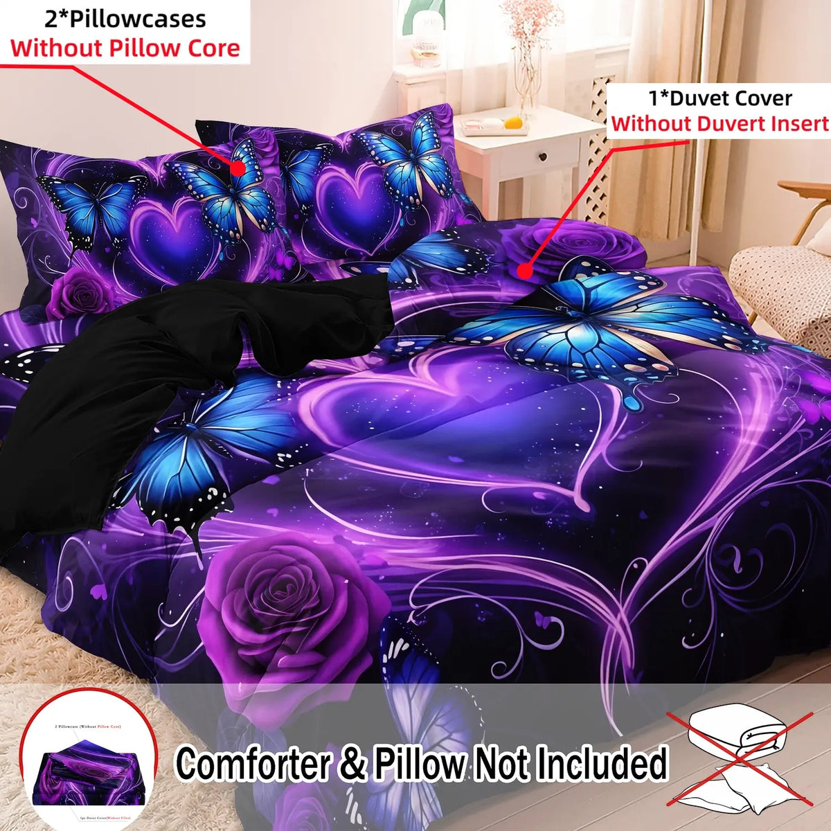 3 PCS Deep Red Rose Heart Design Duvet Cover Set, Bed Covers, Comfy Bedding Sets Decorative Bedding for Bedroom & Hotel, Holiday Gift (1 Duvet Cover + 2 Pillowcases, No Comforter, No Pillow Insert) #GLOBAL PICKS