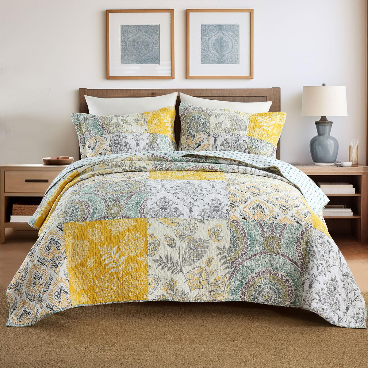 Secgo California King Quilt Size - 100% Cotton Oversized California Comforter Set Green Bedding Sets (120 * 110 Inch) with 2 Pillow Shams, Patchwork Reversible Lightweight Bedspread