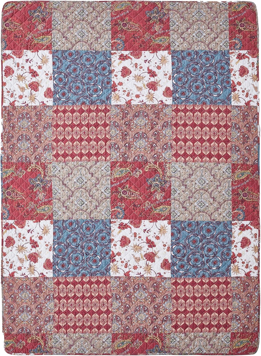 Chezmoi Collection Rowan 1-Piece Printed Patchwork Throw, Quilted Blanket with Vintage Floral Paisley Patterns, Lightweight Reversible Washed Cotton Throw Blanket