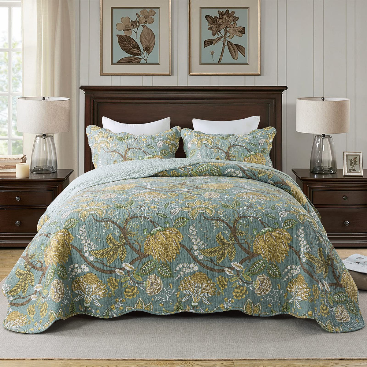 Travan 3-Piece Quilt Set Quilted Bedspread Lightweight Coverlet Set Garden Style Floral Printed Oversized Quilted Bedding Set with Shams for All Season, Exquisite, King Size