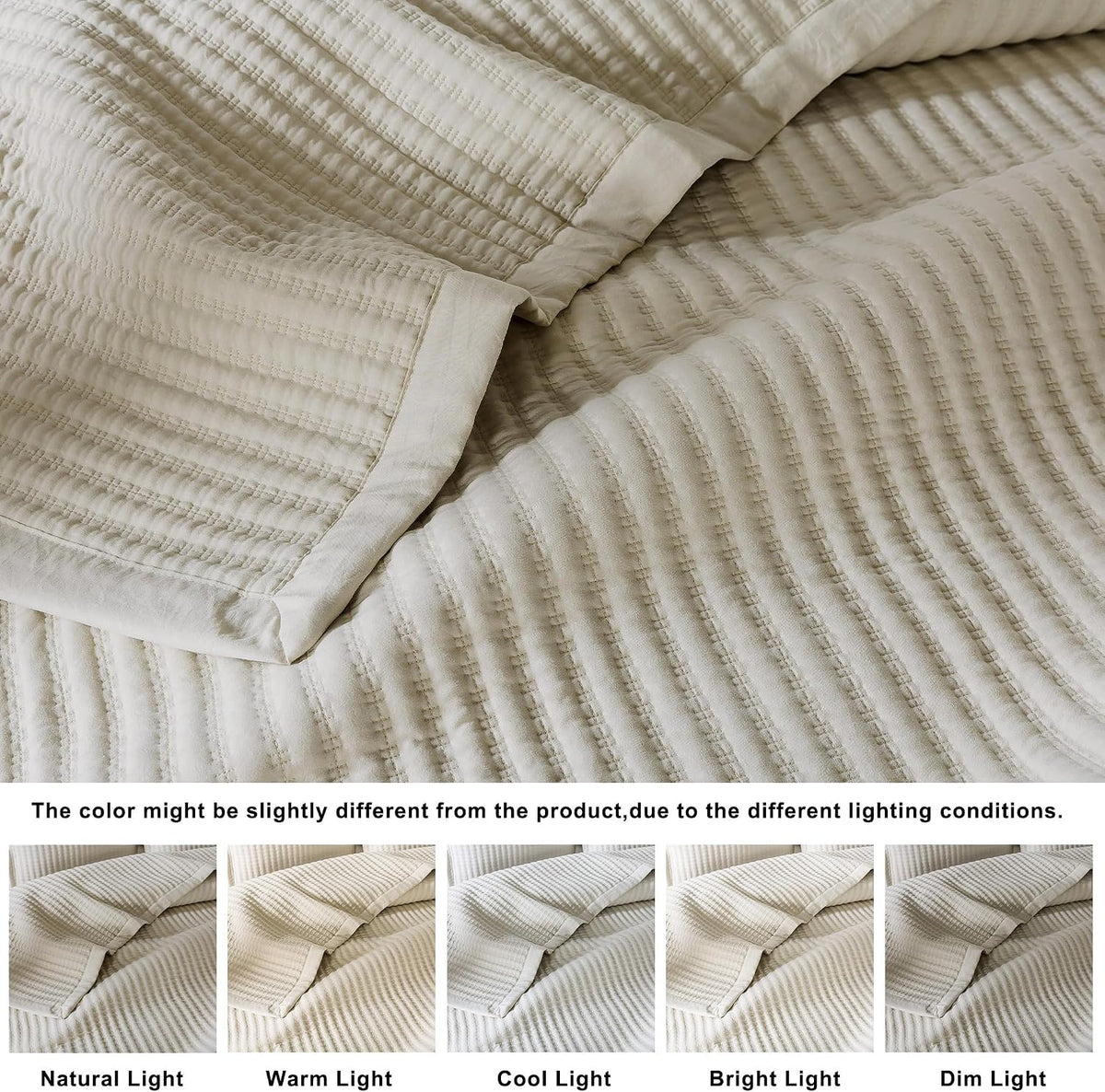 WDCOZY Beige Queen Size Quilt Set, Striped Pick Stitch Bedspread
