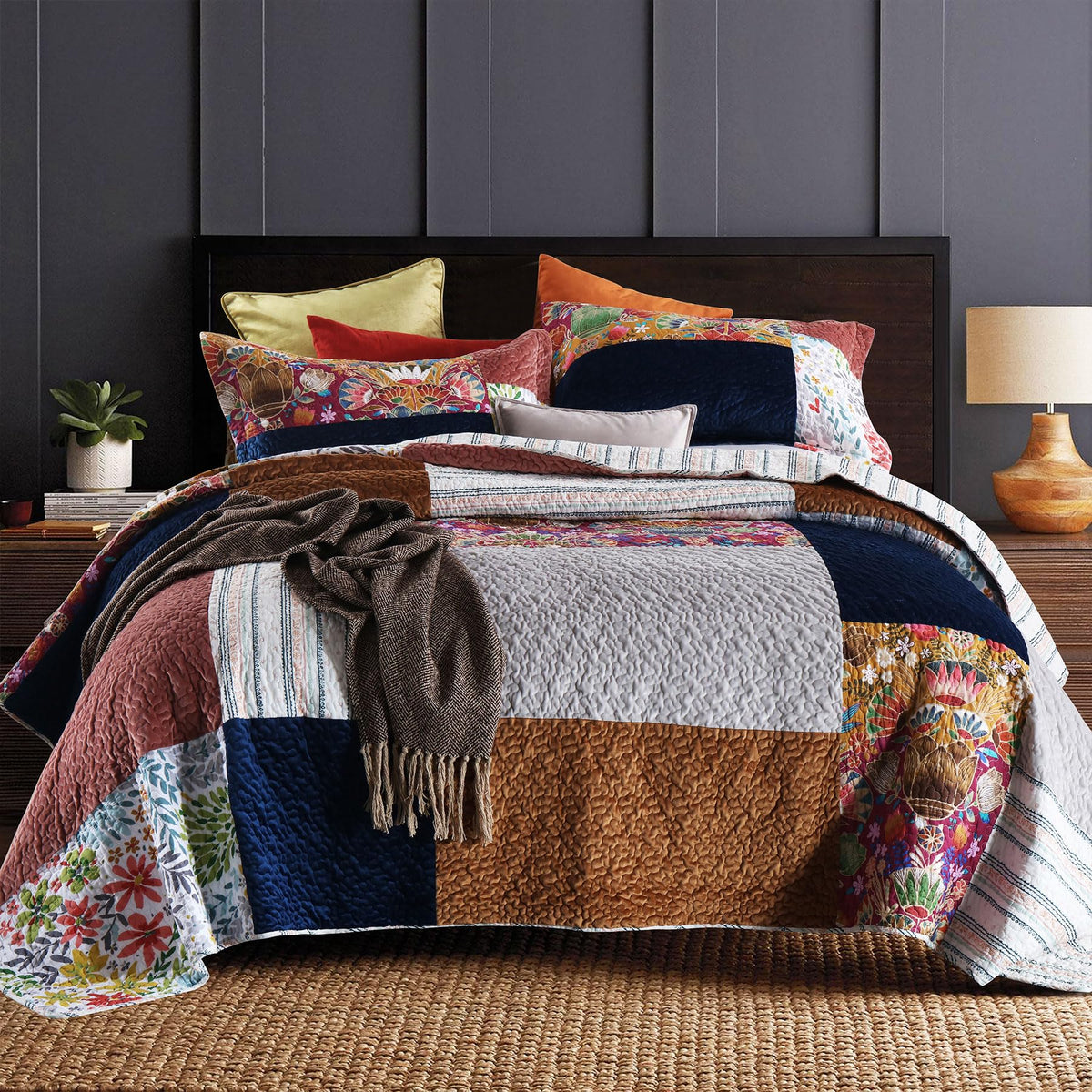 Secgo California King Quilt Size - 100% Cotton Oversized California Comforter Set Green Bedding Sets (120 * 110 Inch) with 2 Pillow Shams, Patchwork Reversible Lightweight Bedspread