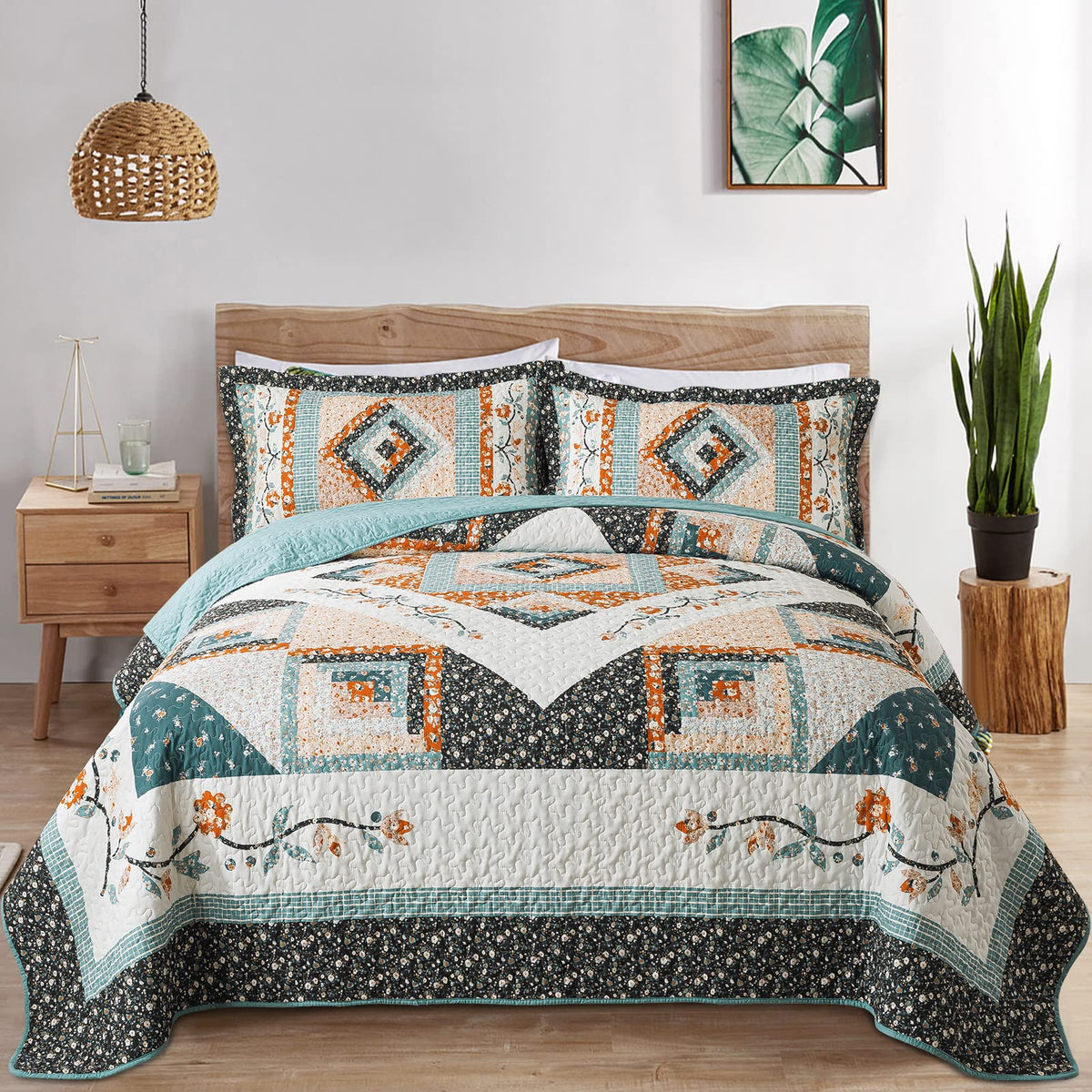 VAPUTAR 100% Cotton Face Quilt King Size Bedding Set - Boho King Quilts