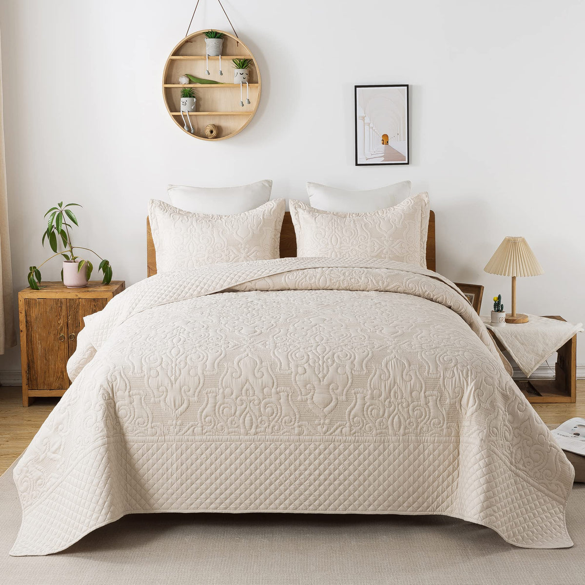 Travan 3-Piece Quilt Set Quilted Bedspread Lightweight Coverlet Set Garden Style Floral Printed Oversized Quilted Bedding Set with Shams for All Season, Exquisite, King Size