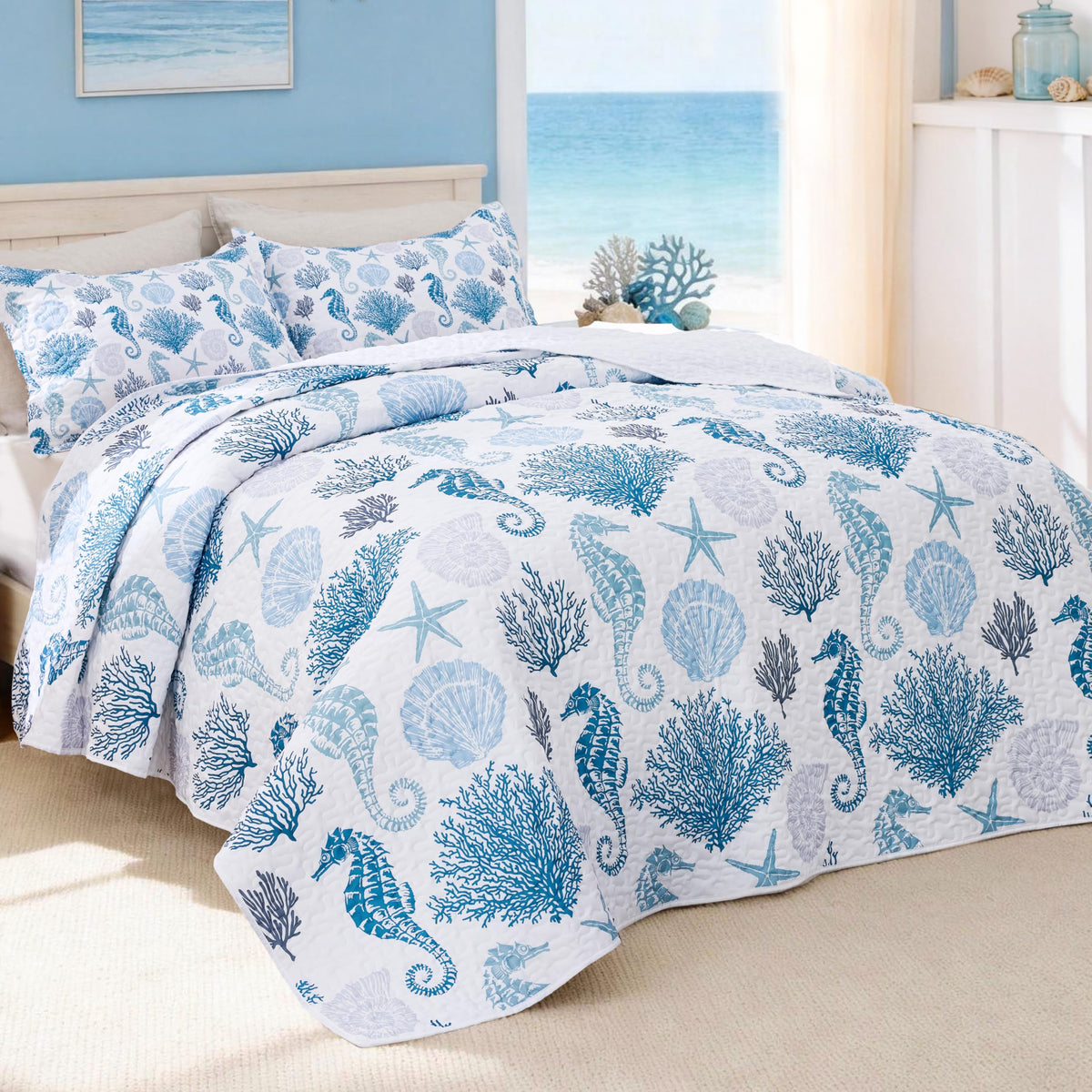 Love's cabin Quilts for Queen Coastal White Bedspreads Bedding Set - Summer Beach Nautical Quilt Lightweight Bedspread - Reversible Bedding Coverlet for All Season - 3 Piece