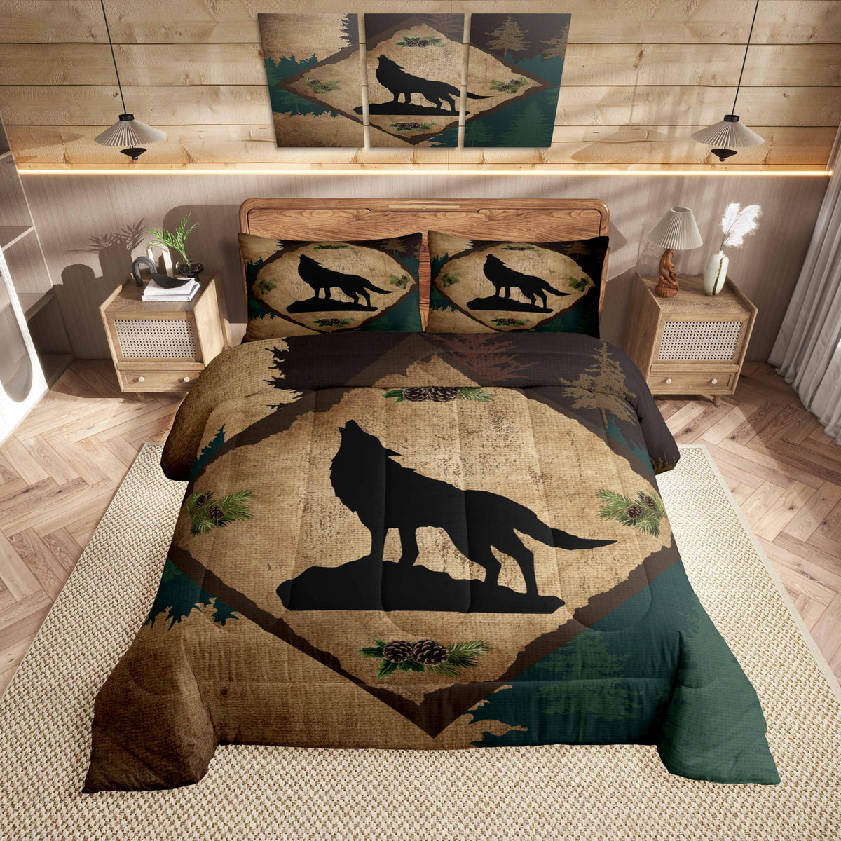 Homewish Jungle Cabin Comforter Set,Moose Animal Pine Trees Bedding Sets for Kids Teens Adults,Retro Wooden Stripes Rustic Farmhouse Quilted Comforter with 2 Pillowcases Queen Size 3 Pcs