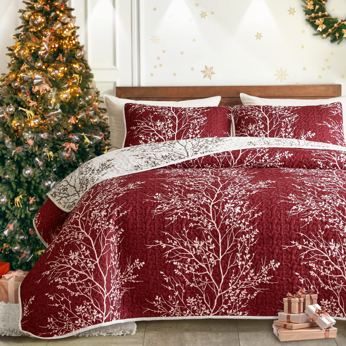 3 Piece Reversible Quilt Set Gray Branch with White Orange Floral King Size 102x88 Soft Microfiber Lightweight Coverlet Bedspread Summer Comforter Set Bed Cover for All Season (1 Quilt+ 2 Shams)