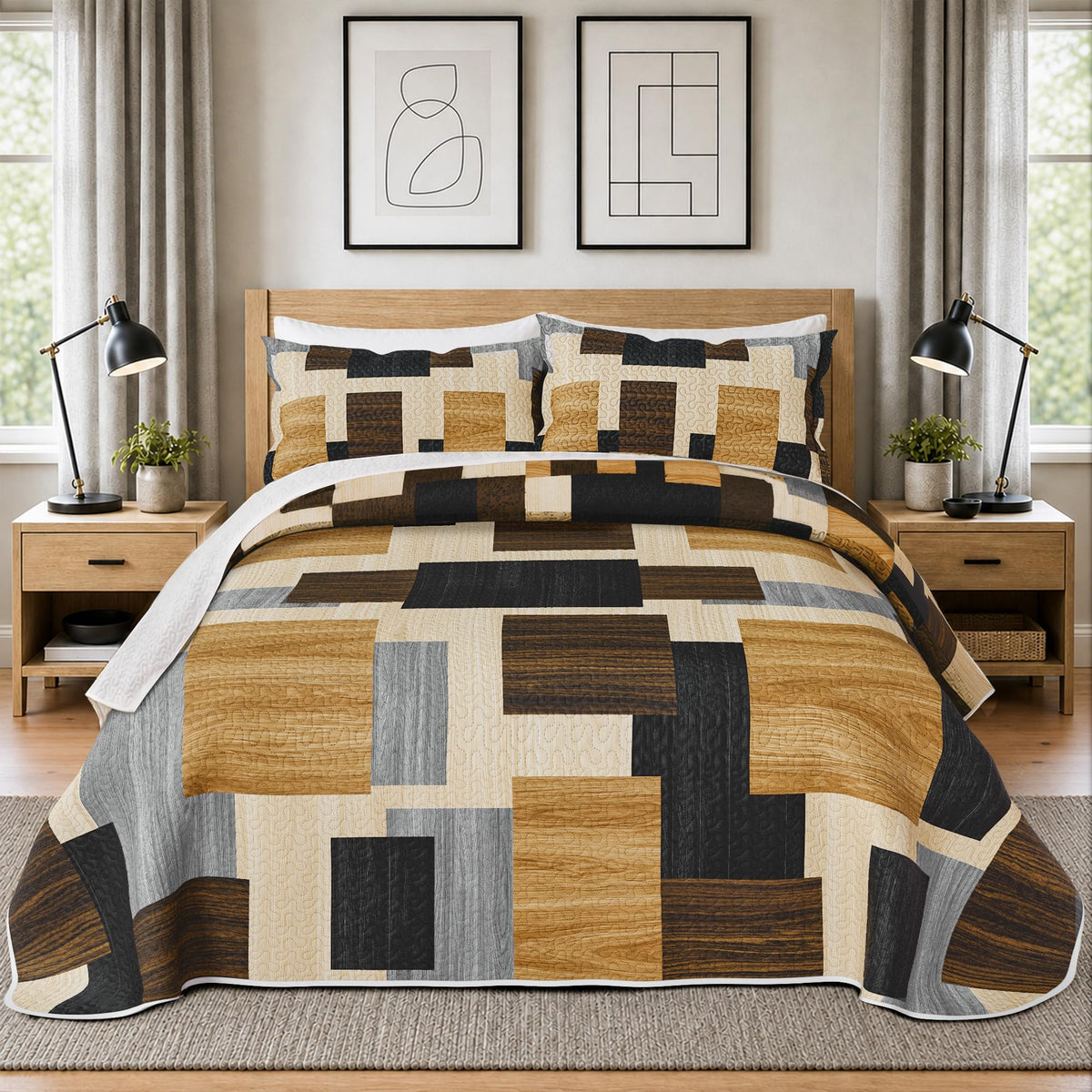 Tyrot 3 Piece Black Grey Quilt Full/Queen Size Black White Gray Bedding Set