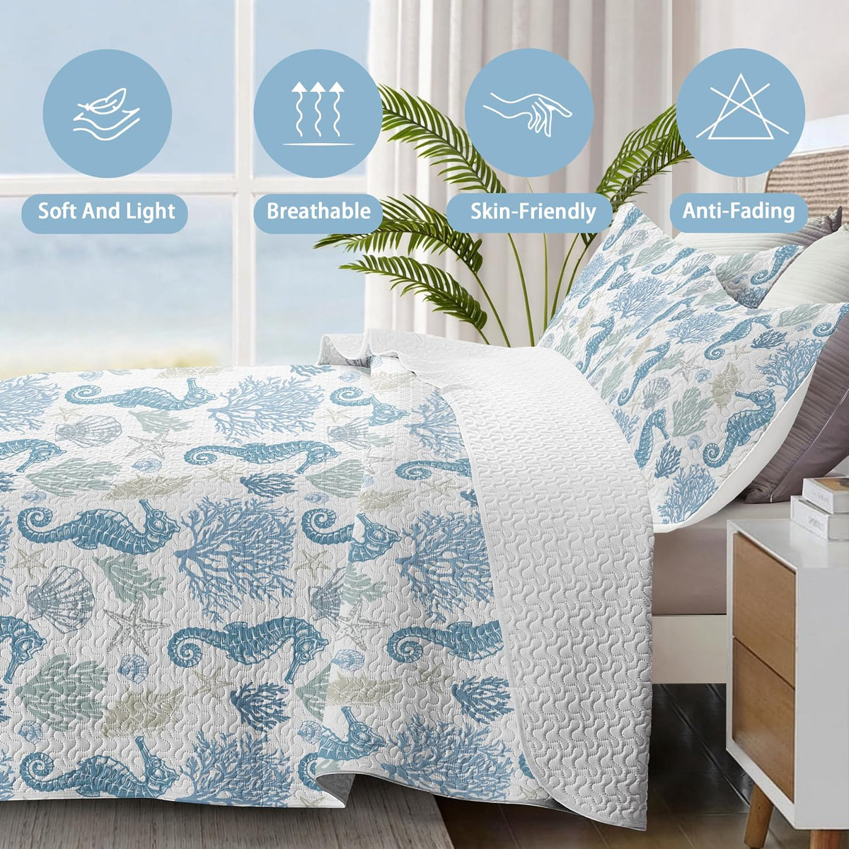 Nautical Queen Quilt Set, Coastal Seahorse Bedding, 3 Piece, 90"x96"