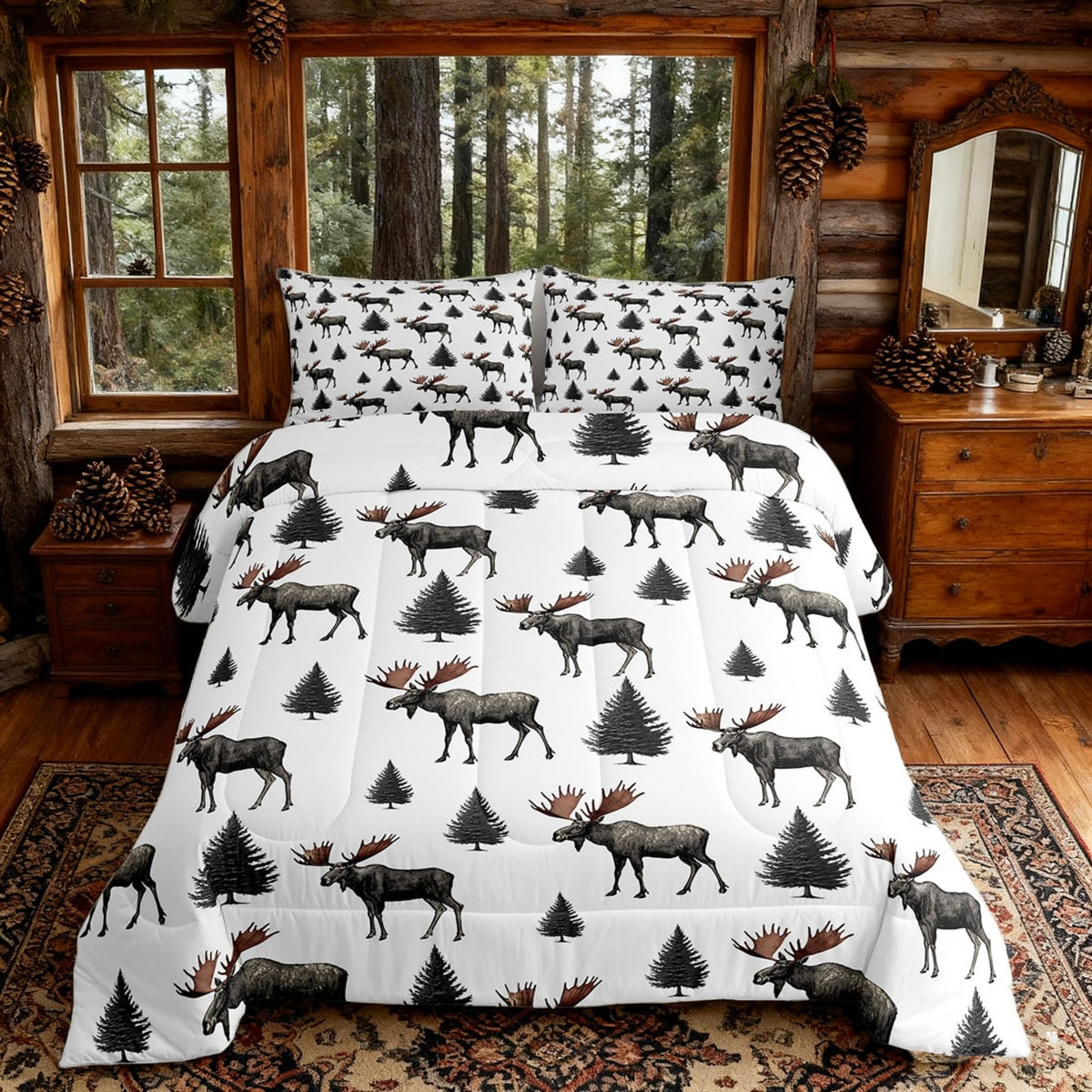 Homewish Jungle Cabin Comforter Set,Moose Animal Pine Trees Bedding Sets for Kids Teens Adults,Retro Wooden Stripes Rustic Farmhouse Quilted Comforter with 2 Pillowcases Queen Size 3 Pcs