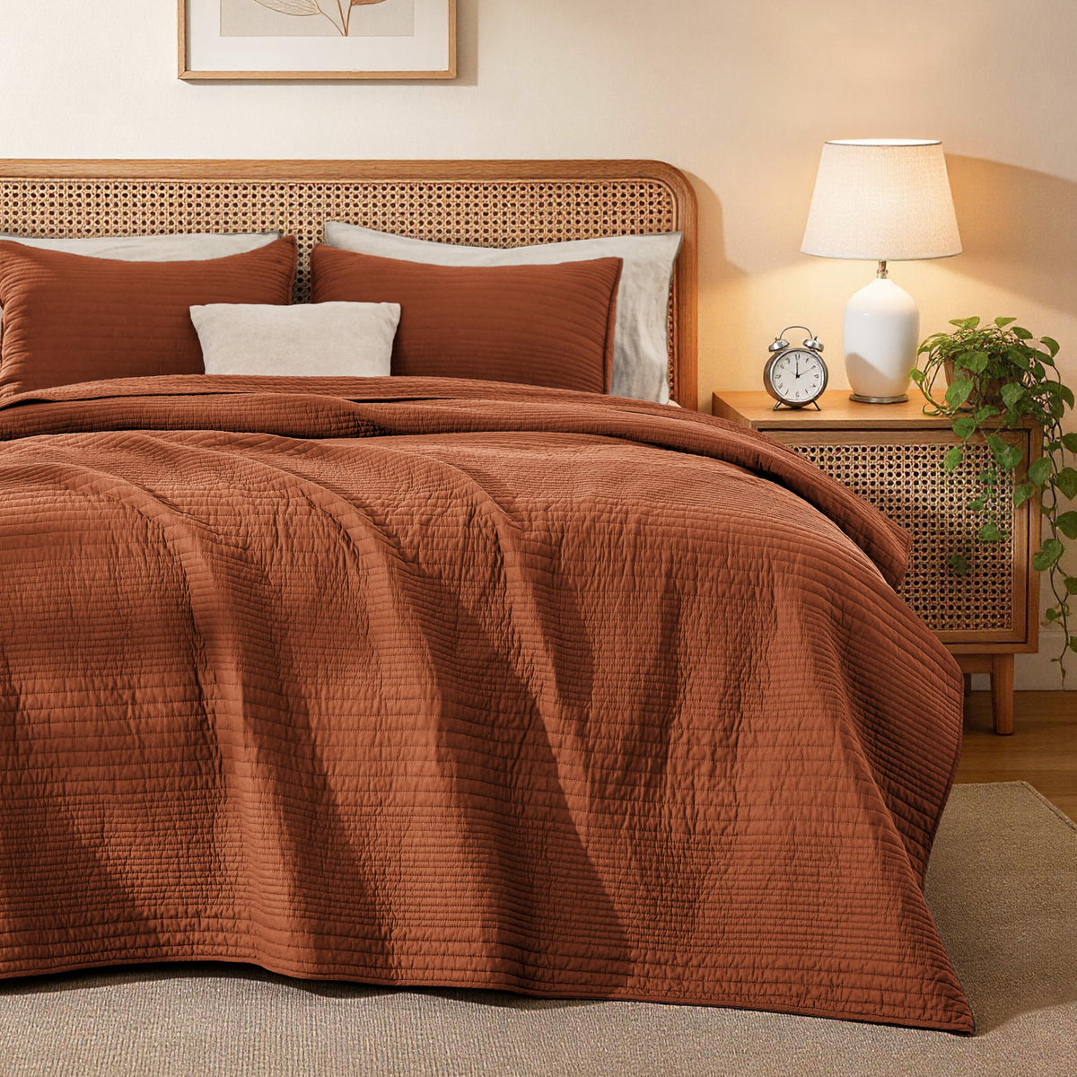 Love's cabin Queen Size Cotton Quilt Set, 100% Cotton Fabric Striped Textured Coverlet with Crinkled Look, Lightweight Quilted Bedspread for All Season, Includes 2 Pillow Shams, White