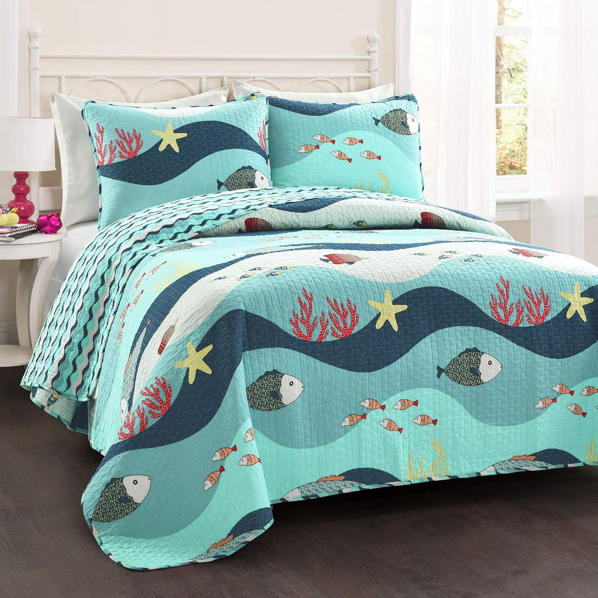 Lush Decor Sealife Daybed Cover 6 Piece Set 39" W x 75" L Blue - Daybed Bedding Set Twin Quilt Blue - Toddler Bedding - Coastal Decor