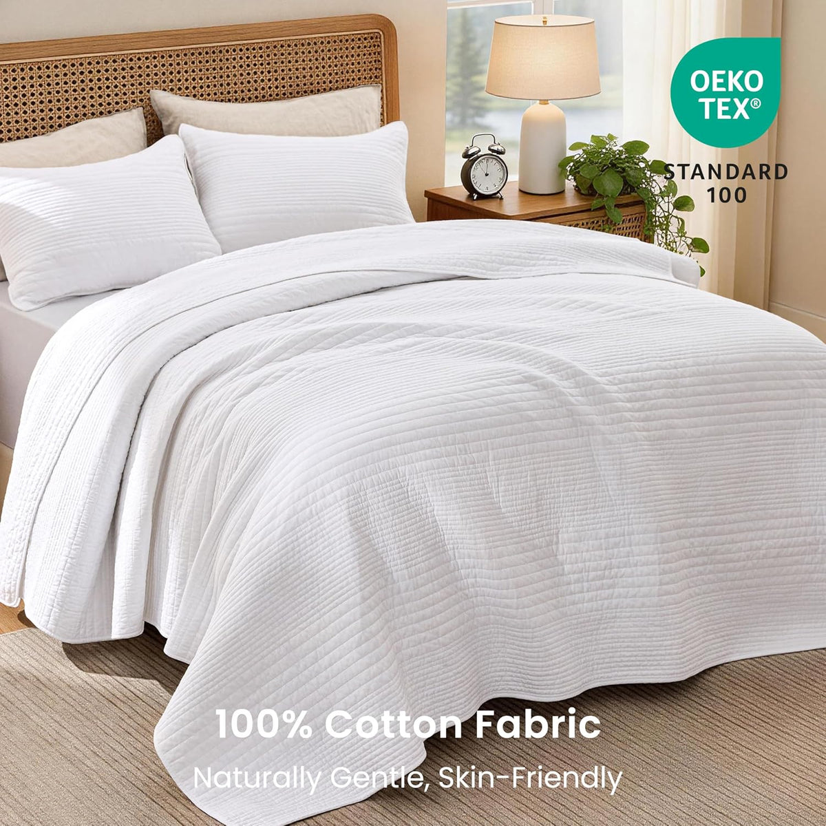 Love's cabin Queen Size Cotton Quilt Set, 100% Cotton Fabric Striped Textured Coverlet with Crinkled Look, Lightweight Quilted Bedspread for All Season, Includes 2 Pillow Shams, White