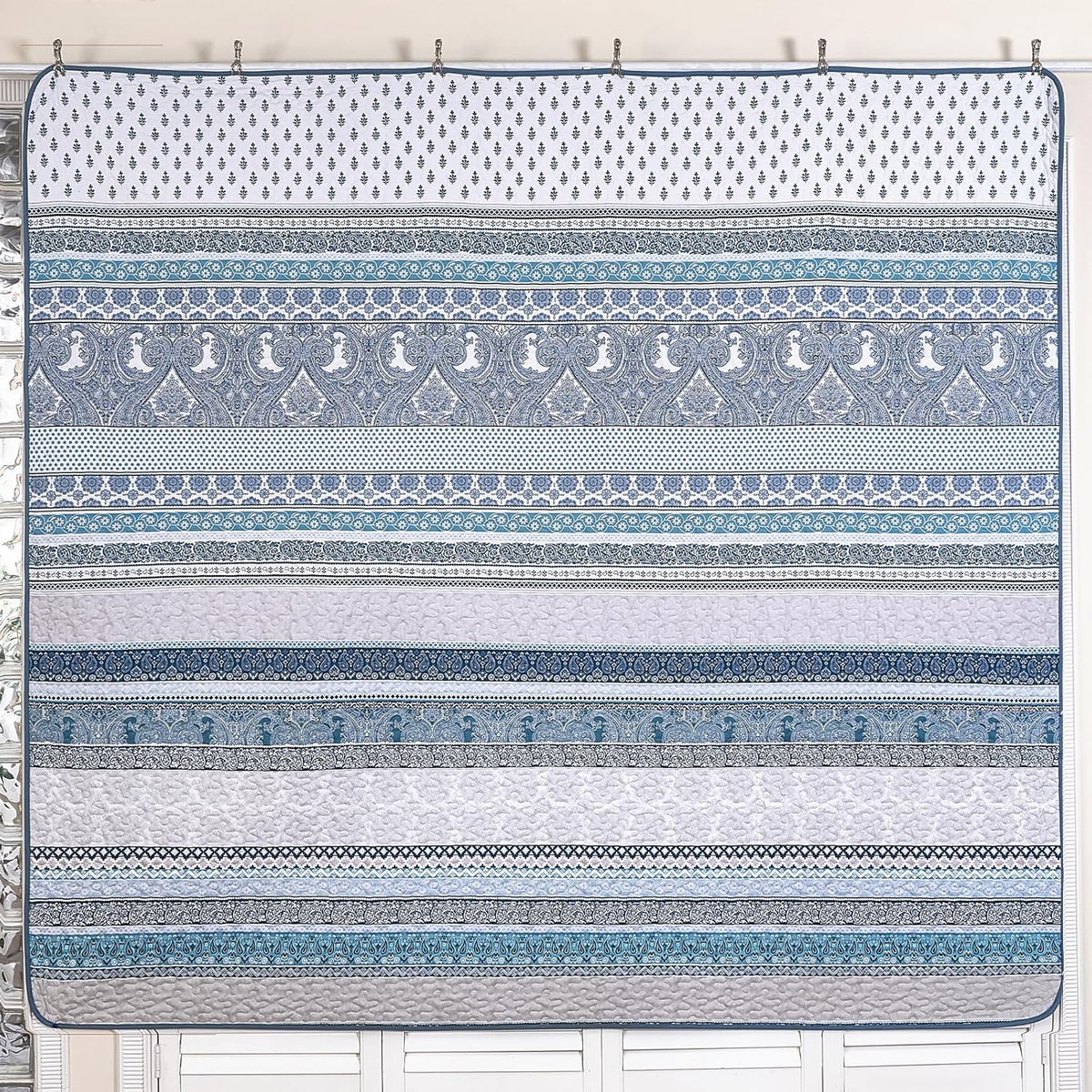WONGS BEDDING Boho King Quilt Set，3 Pcs Light Blue Summer Bedspread