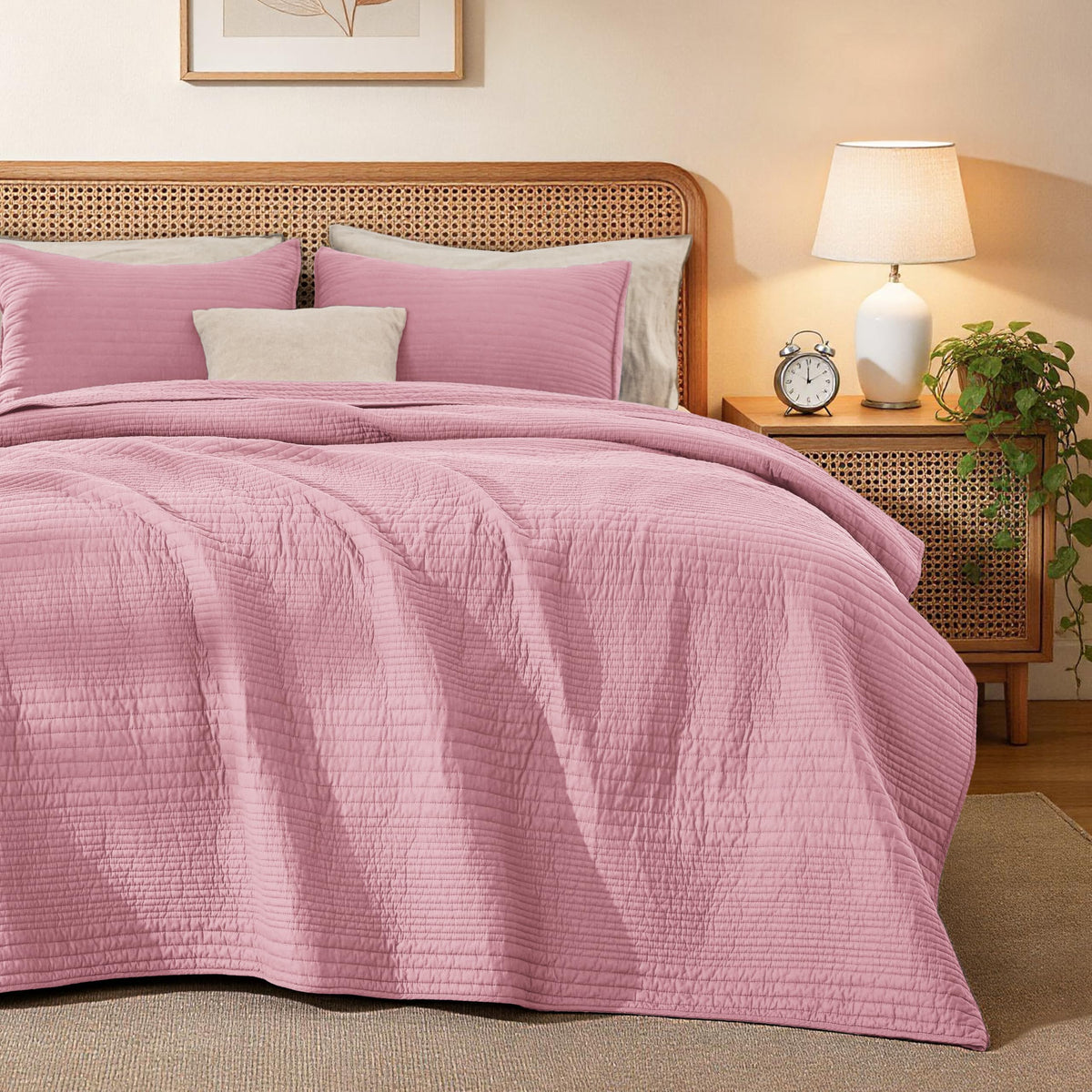 Love's cabin Queen Size Cotton Quilt Set, 100% Cotton Fabric Striped Textured Coverlet with Crinkled Look, Lightweight Quilted Bedspread for All Season, Includes 2 Pillow Shams, White