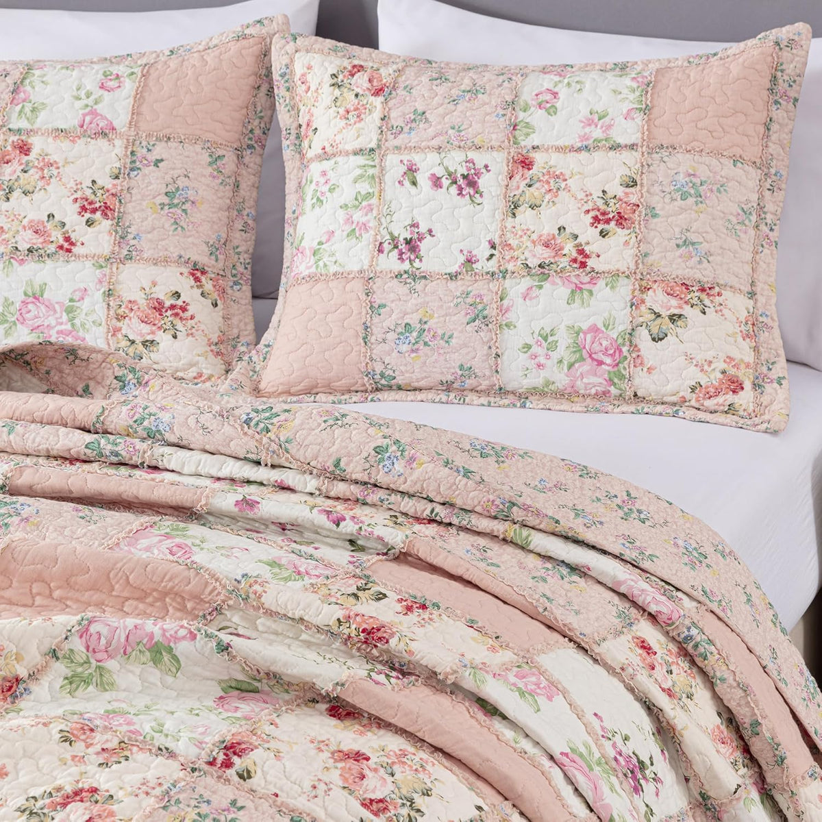 Chezmoi Collection Abbi 2-Piece Pink Shabby Chic Bedding Twin Quilt Set Pre-Washed Cotton Floral Coverlet Bedspread Ruffled Patchwork Quilt, Twin Size