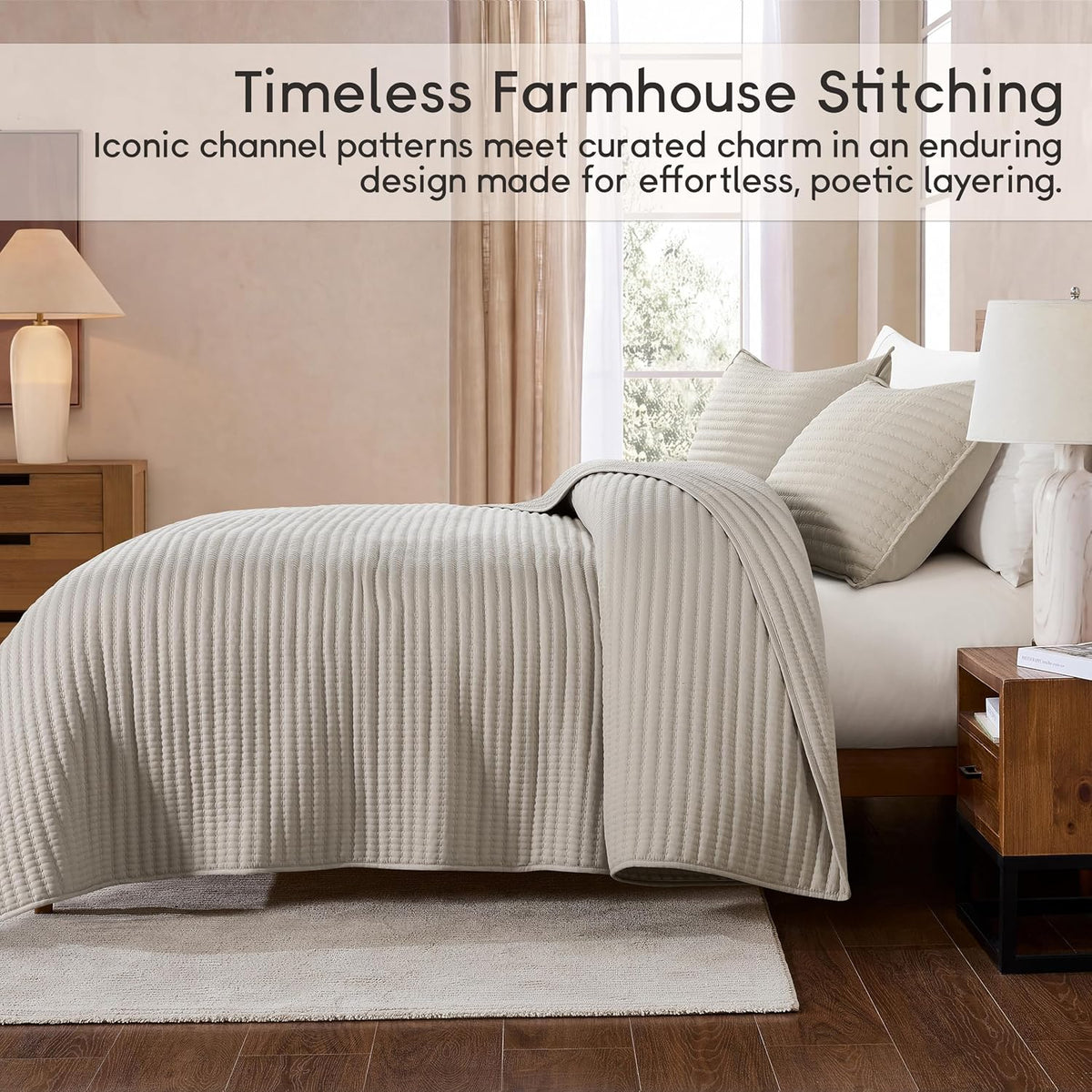 palassio King Quilt Bedding Set Channel Pick Stitch Striped Beige Coverlet