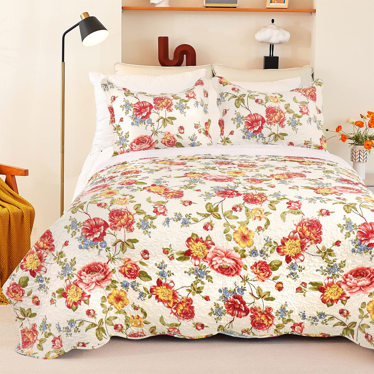 Cmfshape Summer Floral Queen Quilted Bedspread,Romantic Green Quilt Set,Reversible Stitched Bedding Cover All Season,Soft Lightweight Coverlet with Pillow Cases (Green&White, Queen90 x90)