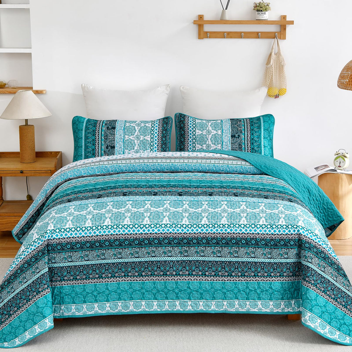WONGS BEDDING Boho King Quilt Set，3 Pcs Light Blue Summer Bedspread