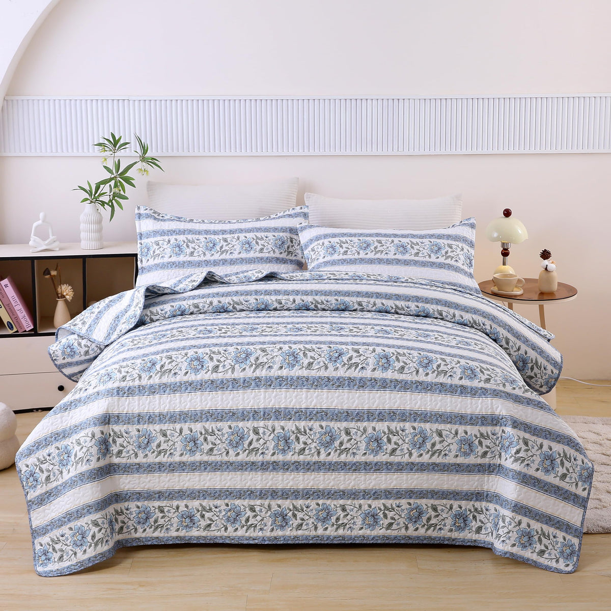 DURLENGEN Botanical Quilt California King Size,Reversible Bedding Set,Beige